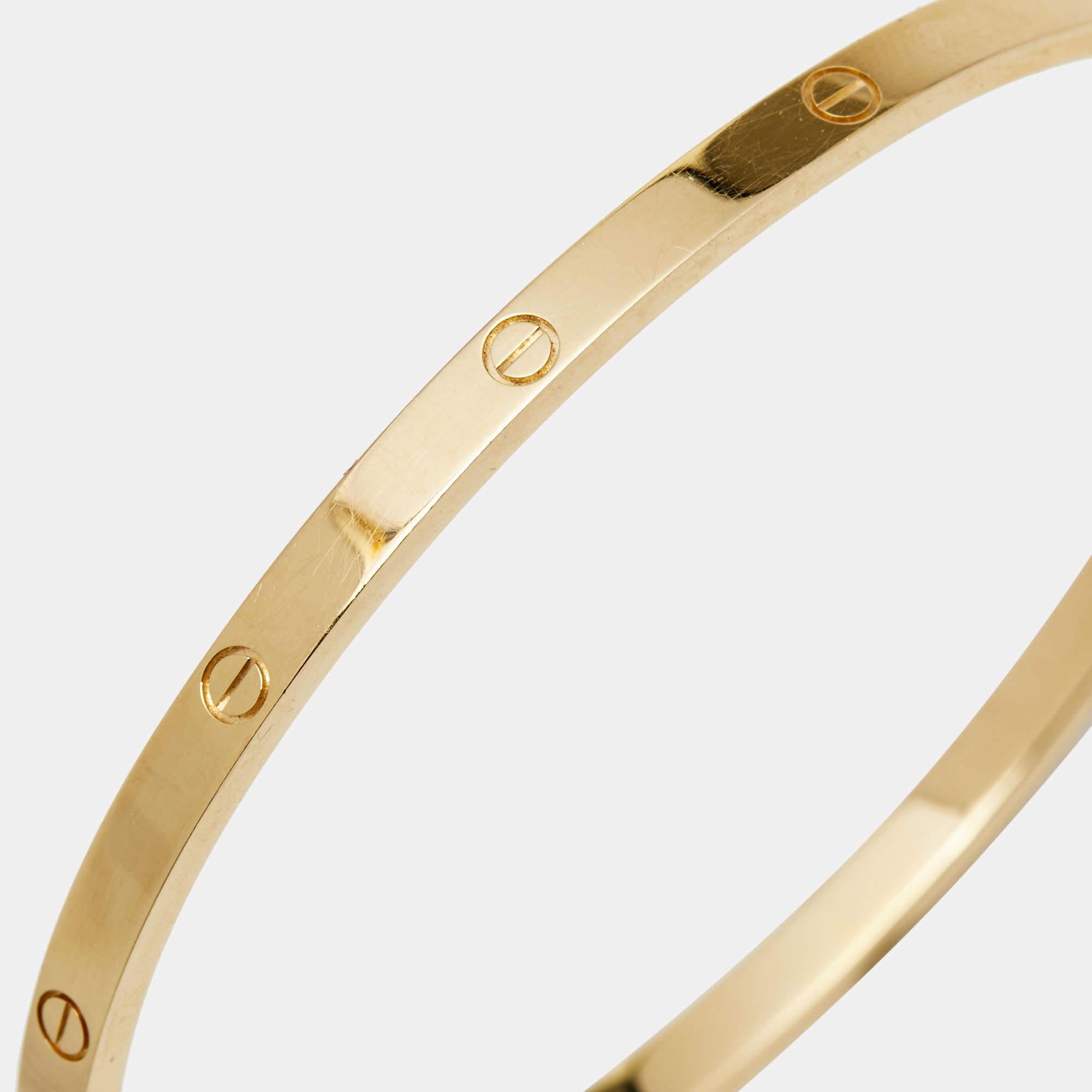 We fell in love with this Cartier Love bracelet at first glance. Look at its gorgeous yet subtle accents and picture how it will beautifully sit on your wrist and charm your peers. The creation is crafted from 18k Yellow Gold and neatly detailed