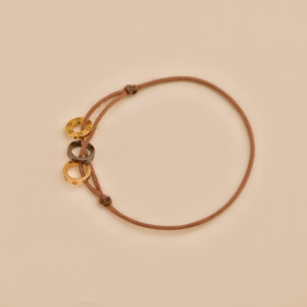 Cartier Love 18k Yellow & Rose 4 Diamond Sèvres Porcelain Brown Cord Bracelet For Sale 1