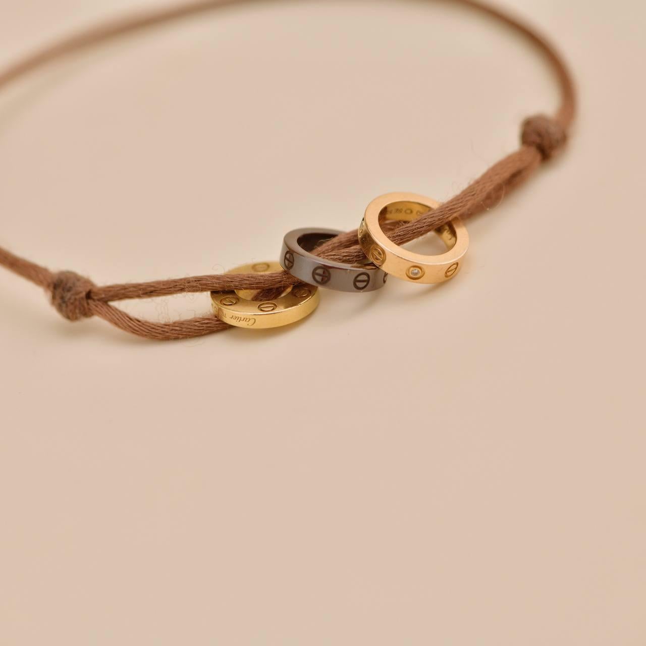 Cartier Love 18k Yellow & Rose 4 Diamond Sèvres Porcelain Brown Cord Bracelet For Sale 3