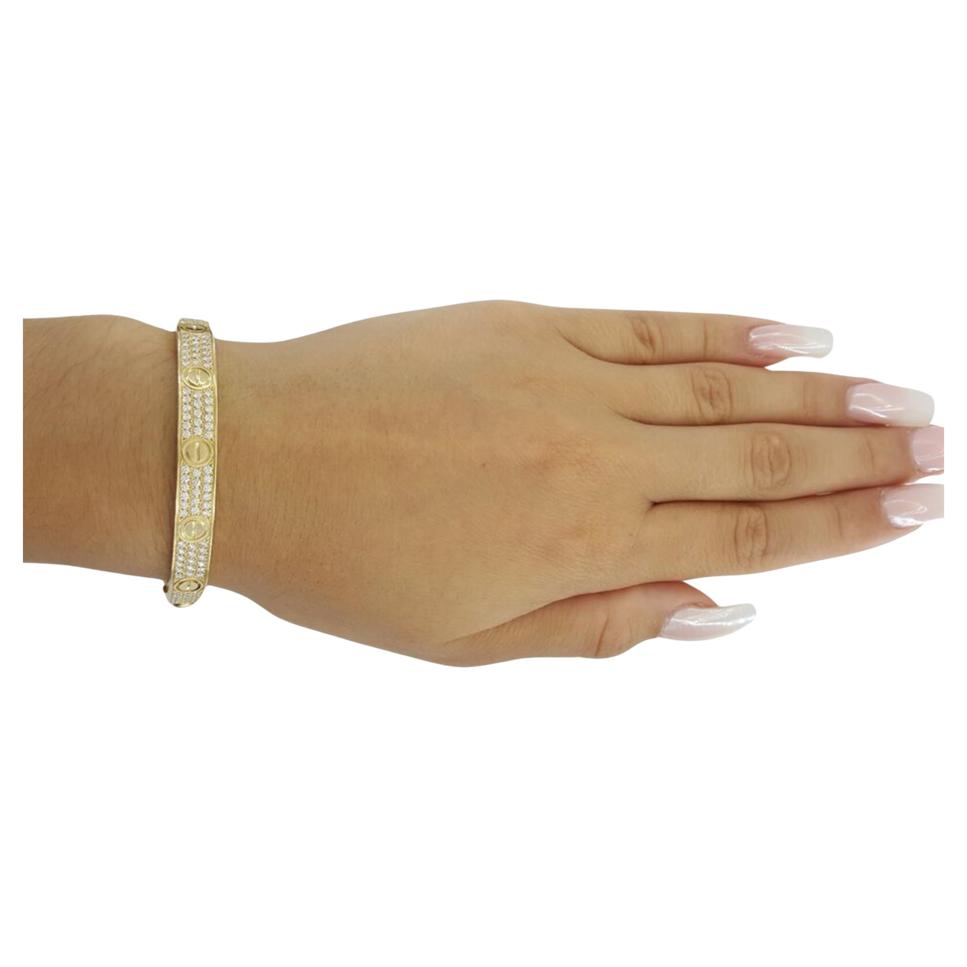 Cartier Love 18K Rose Gold 2 ct Round Brilliant Cut Diamond Bracelet 6.7mm Wide Size 16.



The Bracelet weighs 45.2 grams of solid 18K Yellow Gold, 6.7 mm wide, Size 16, 52.5x44.8mm inner Diameter.



The Bracelet has 204 natural diamonds weighing