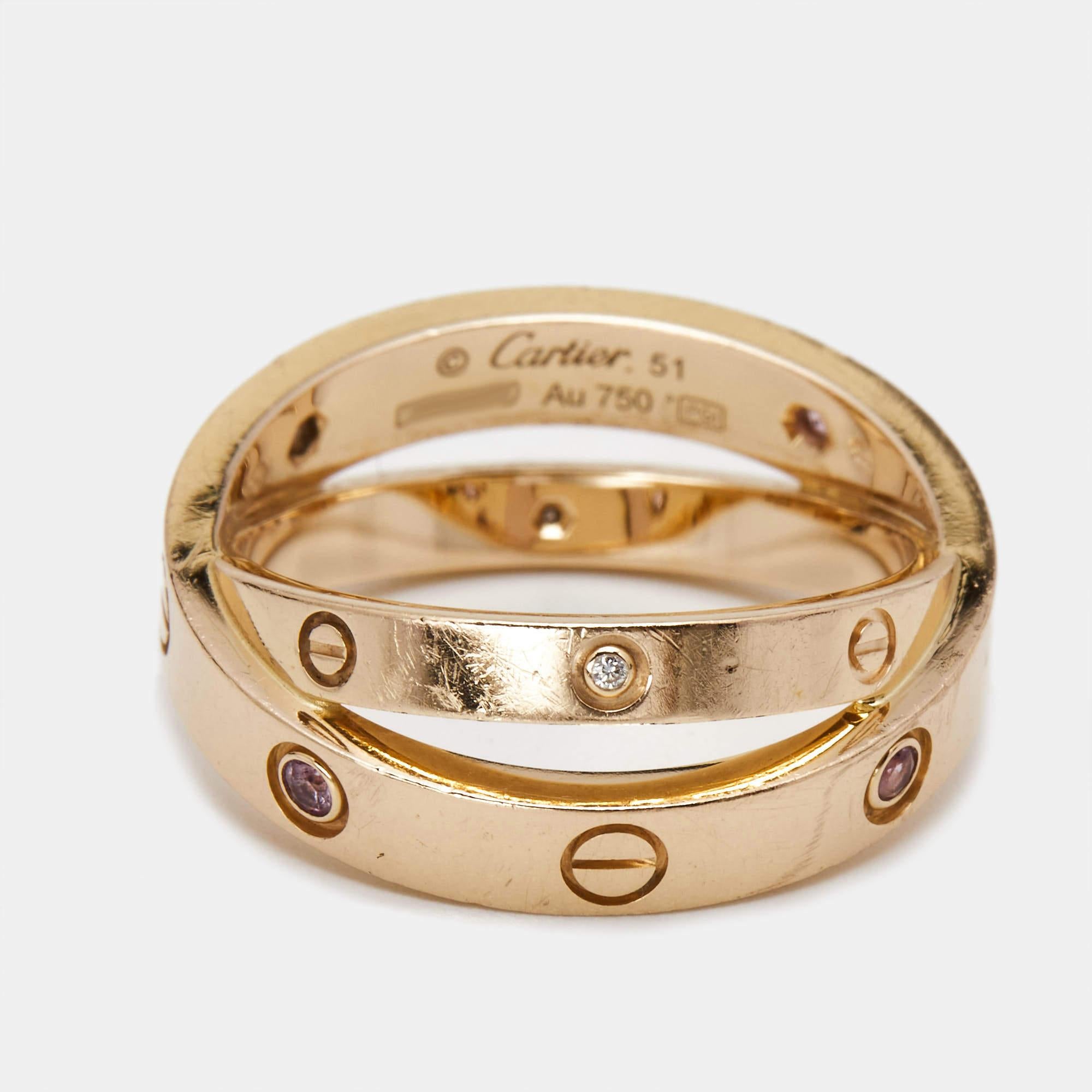 One of the most iconic and loved designs from the house of Cartier, the stunning Love ring is an icon of style and luxury. This is an updated version that arrives in two bands, both in 18k rose gold. The rings feature diamonds, sapphires, and screw