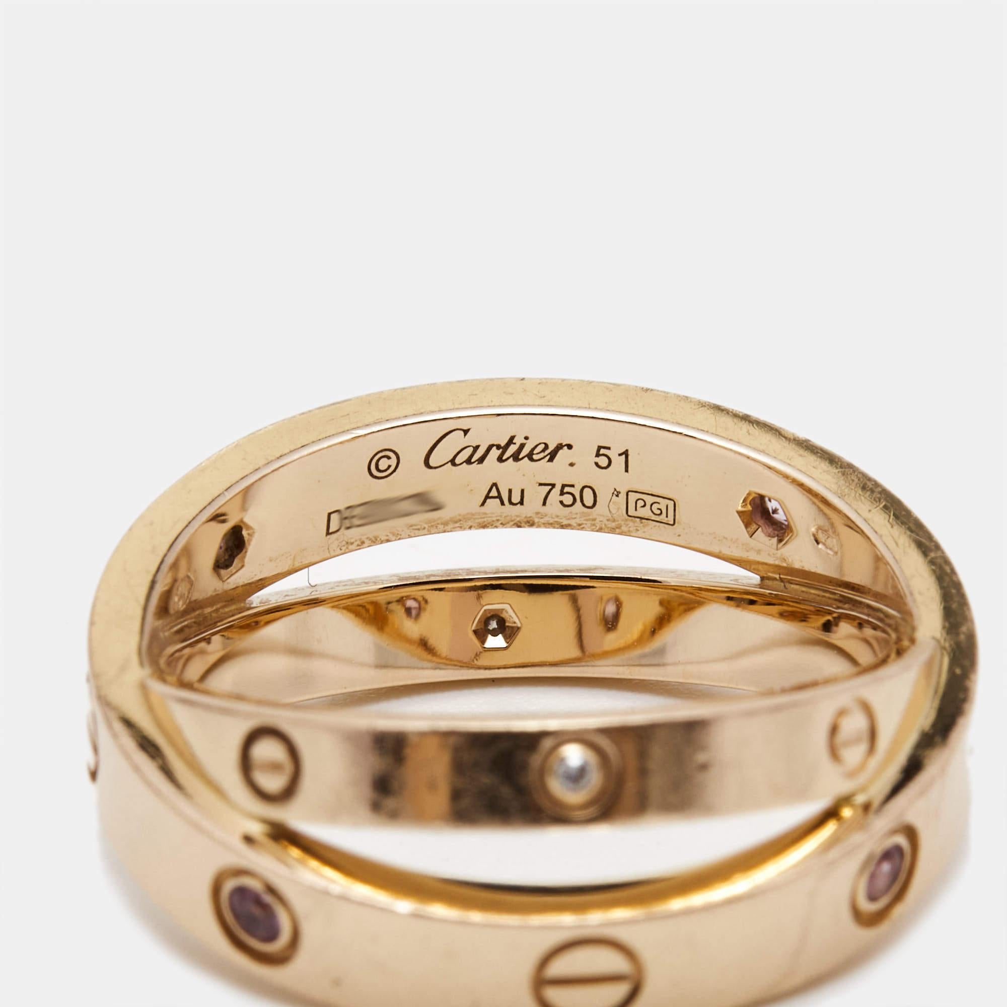 Contemporary Cartier Love 2 Diamond 4 Pink Sapphire 18K Rose Gold Double Band Ring Size 51