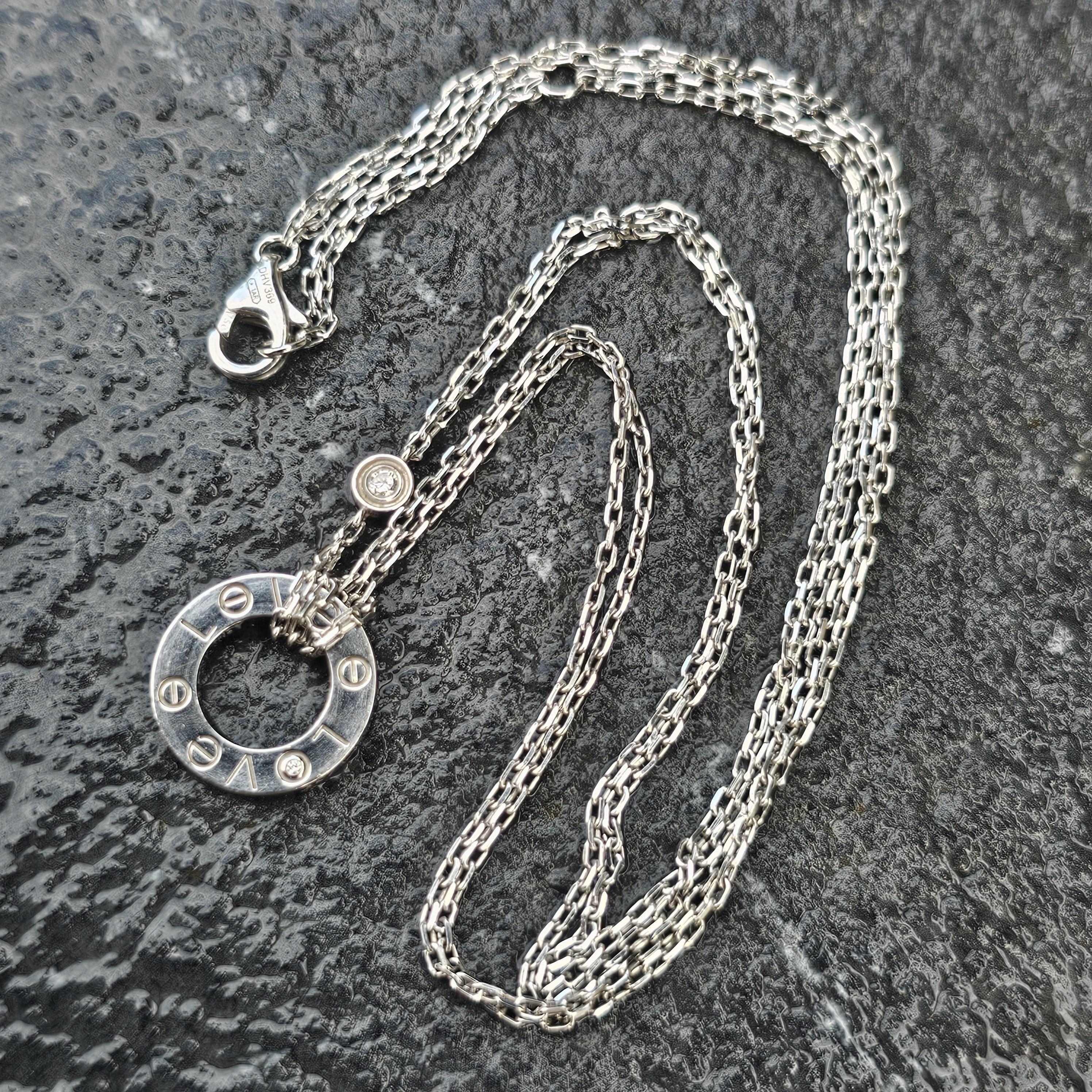 Round Cut Cartier Love 2 Diamond Pendant Necklace Chain 18k White Gold For Sale