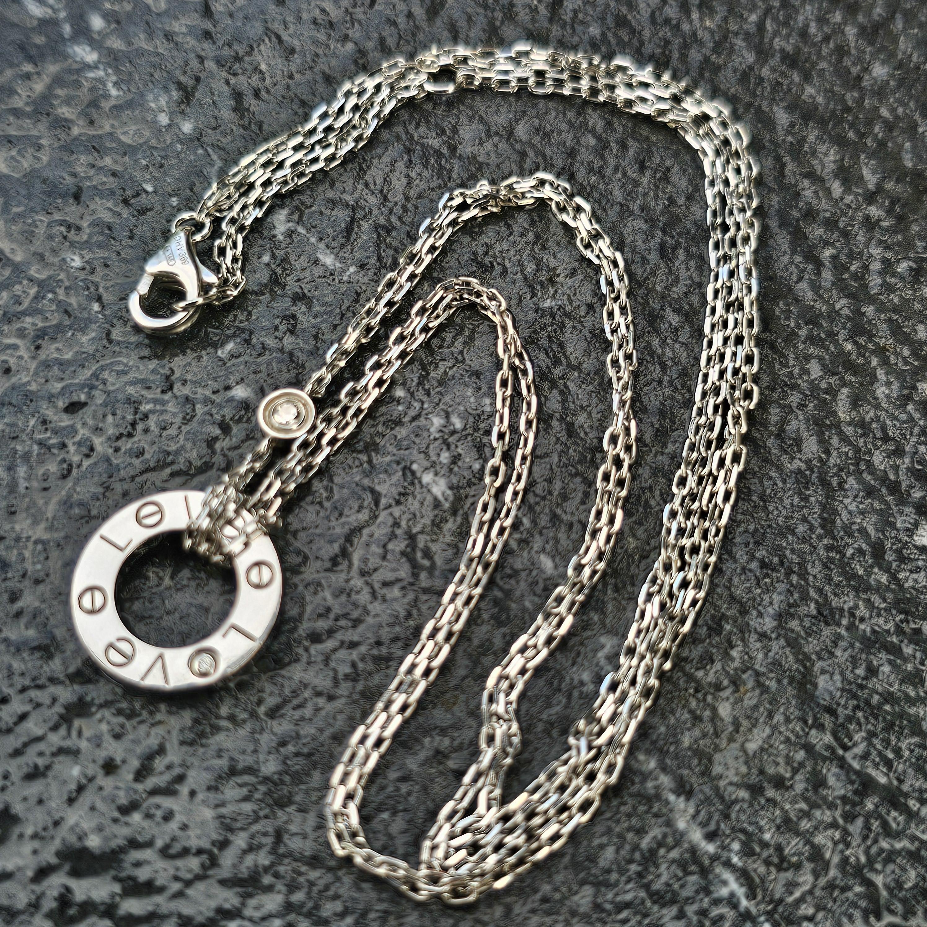 Cartier Love 2 Diamond Pendant Necklace Chain 18k White Gold In Good Condition For Sale In Northbrook, IL