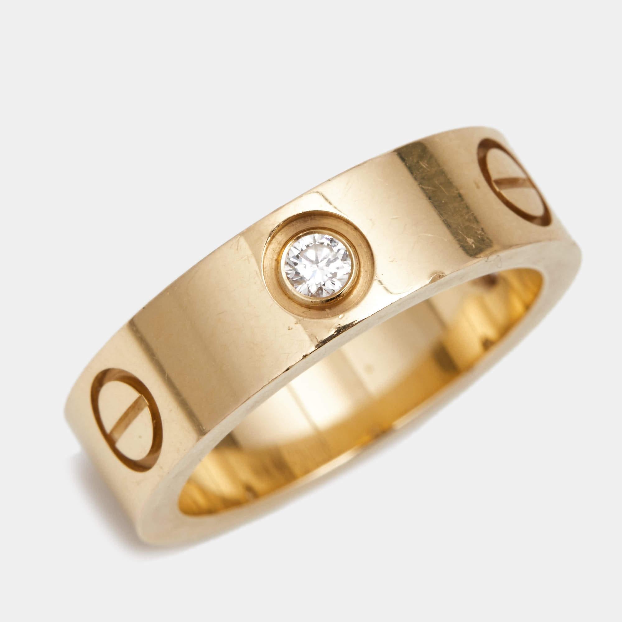 Cartier Love 3 Diamond 18k Rose Gold Band Ring Size 52 In Good Condition In Dubai, Al Qouz 2