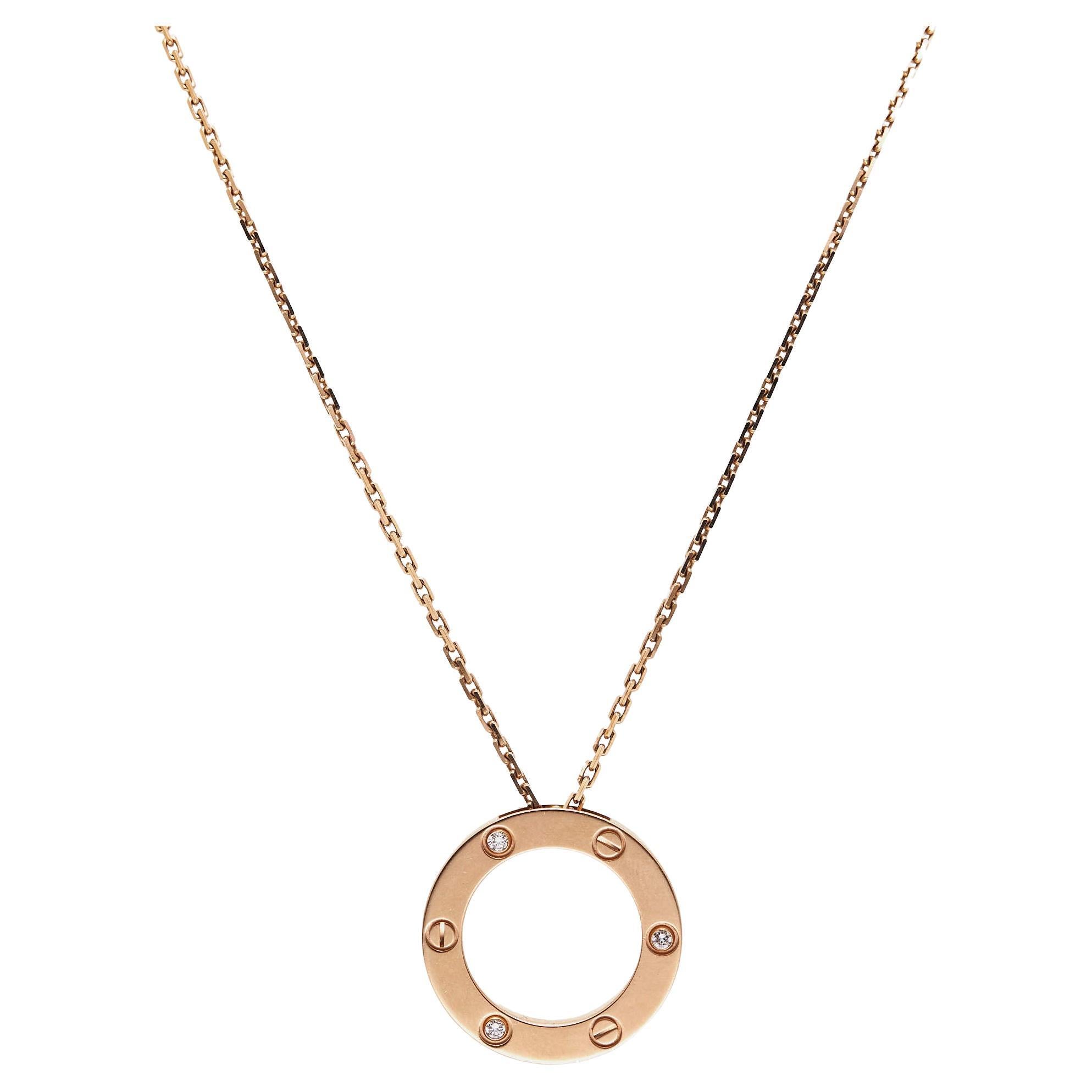 Cartier Love 3 Diamond 18k Rose Gold Necklace For Sale