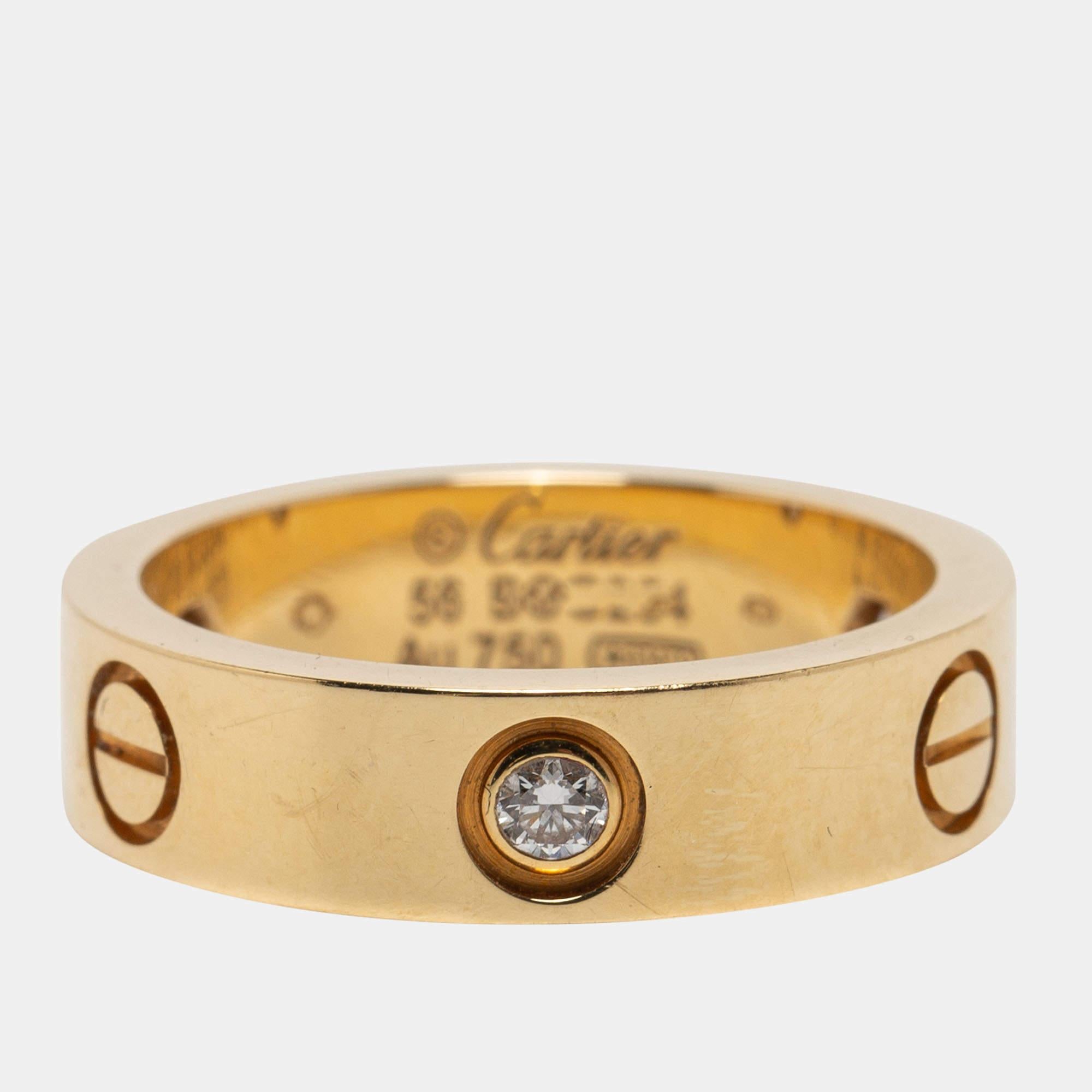 Cartier Love 3 Diamond 18k Yellow Gold Band Ring Size 56 In Good Condition In Dubai, Al Qouz 2