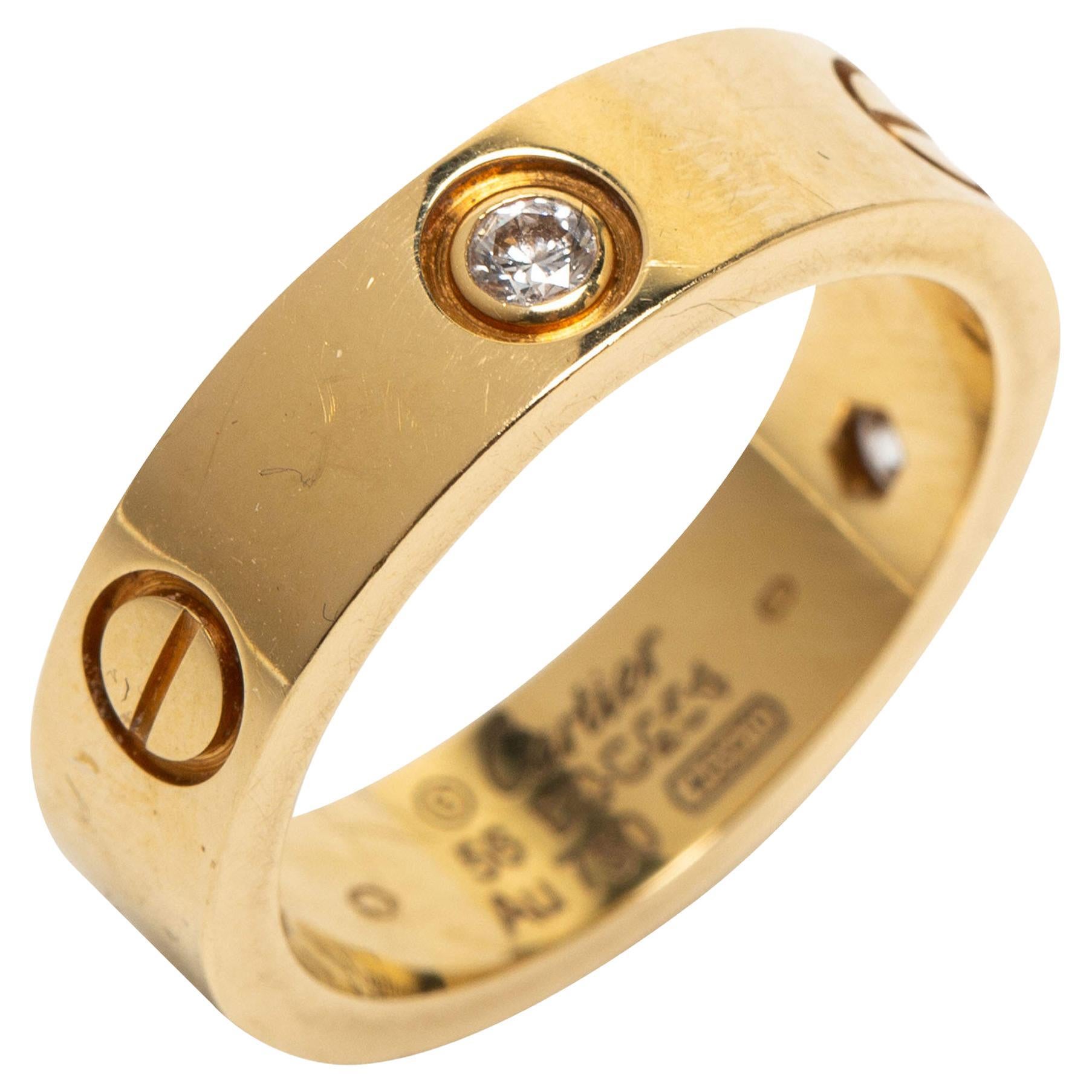 Cartier Love 3 Diamond 18k Yellow Gold Band Ring Size 56