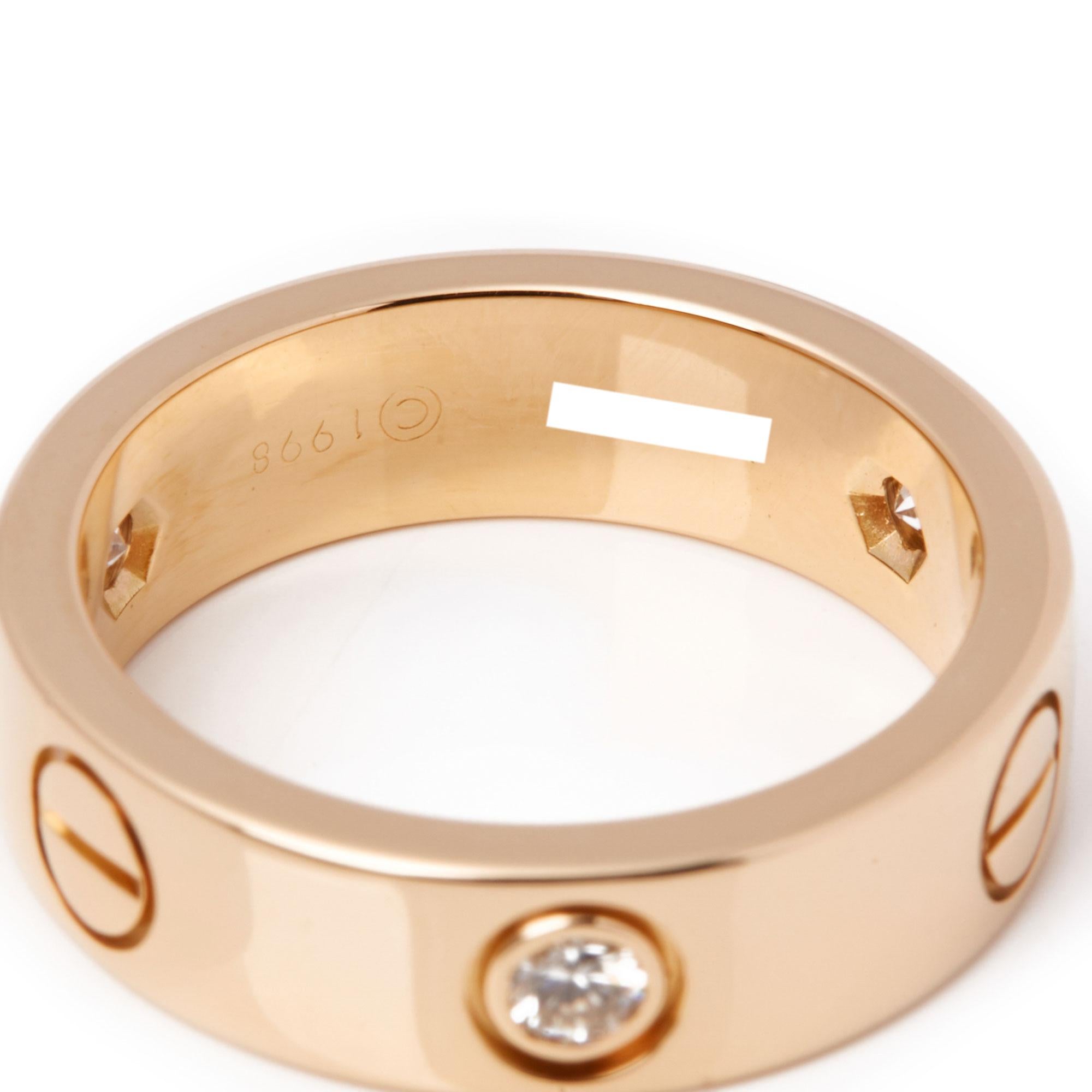 This ring by Cartier is from their Love collection and features three diamonds set with iconic screw detail on a band ring. UK ring size L 1/2. EU ring size 52. US ring size 6. Complete with Xupes presentation box. Our Xupes reference is COMJ488
