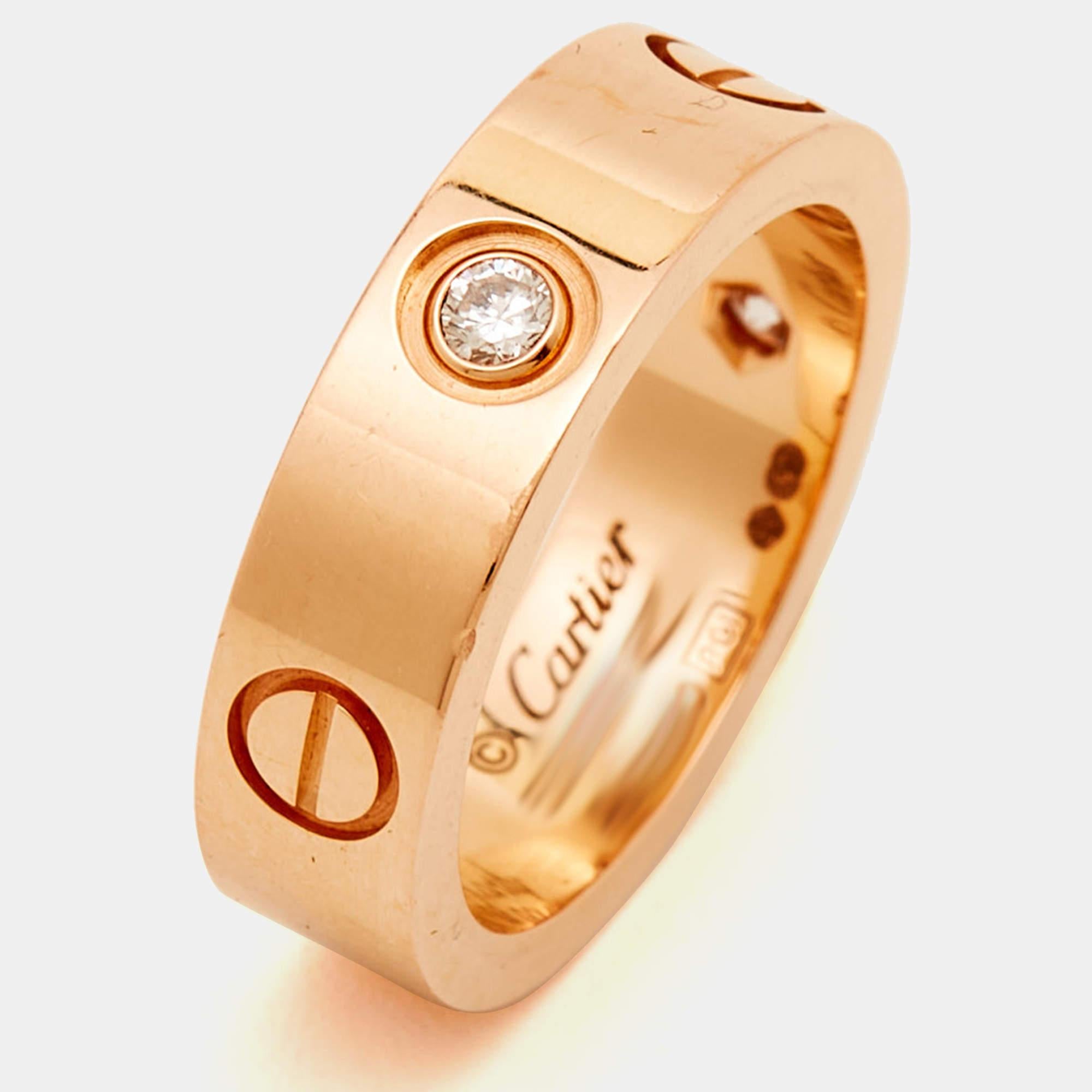Women's Cartier Love 3 Diamonds 18k Rose Gold Band Ring Sized 53