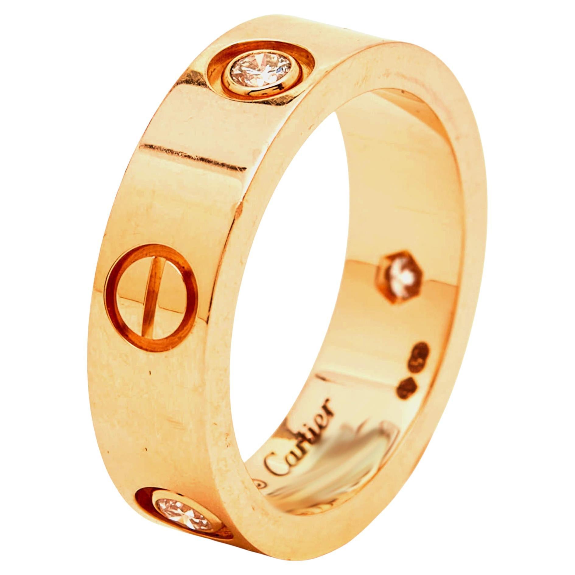 Cartier Love 3 Diamonds 18k Rose Gold Band Ring Sized 53