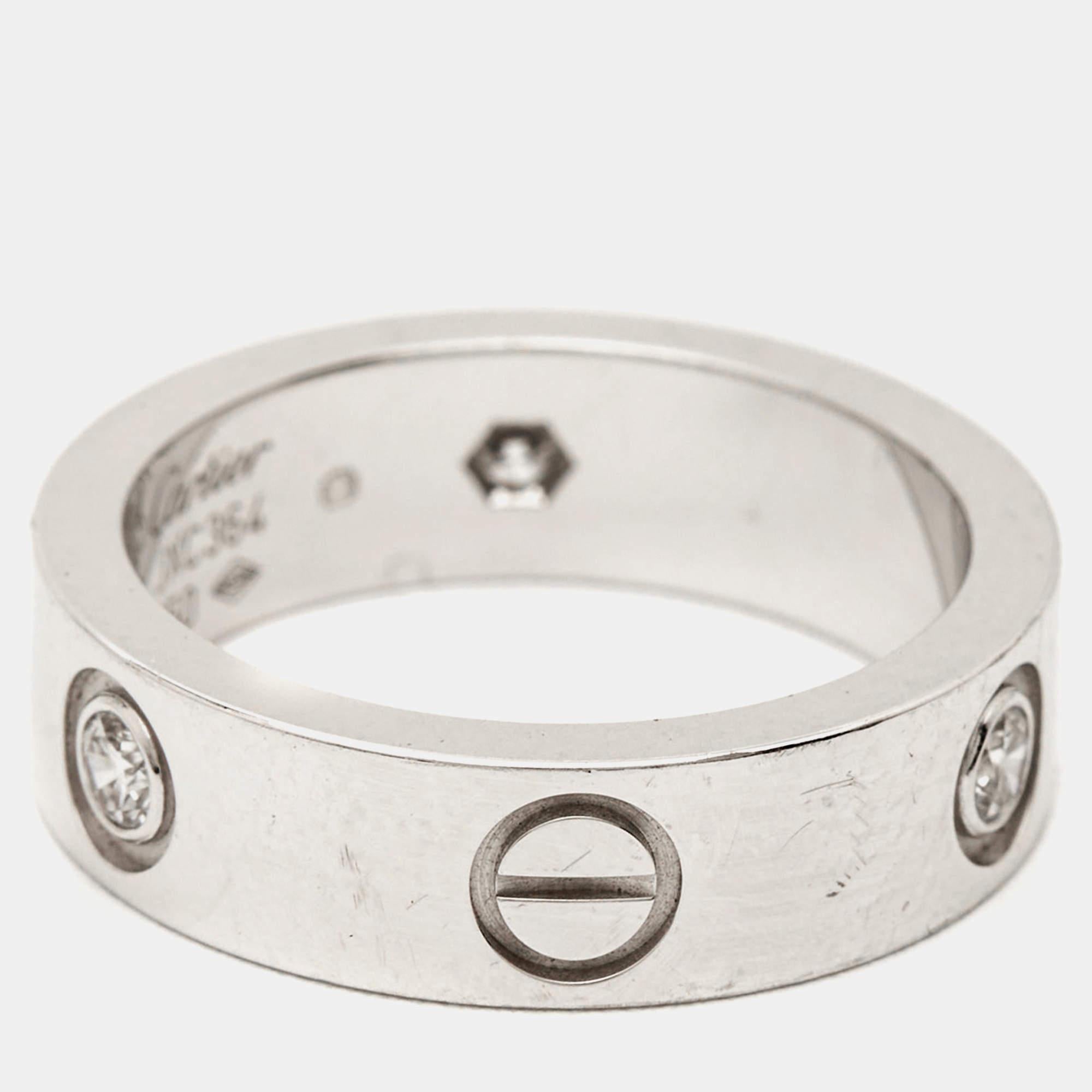 Women's Cartier Love 3 Diamonds 18k White Gold Band Ring Size 53