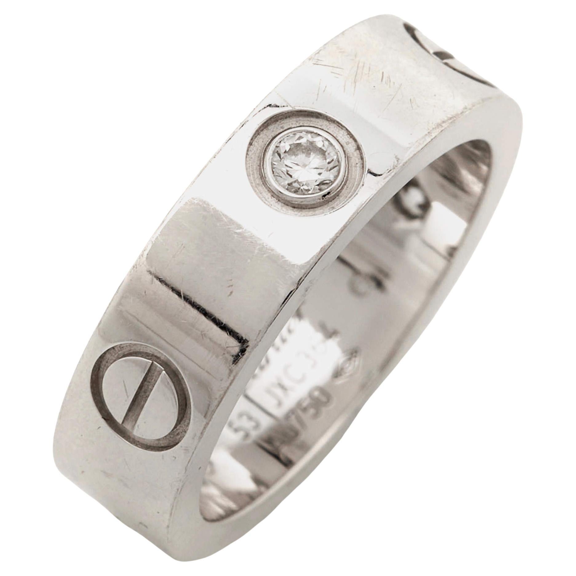 Cartier Love 3 Diamonds 18k White Gold Band Ring Size 53