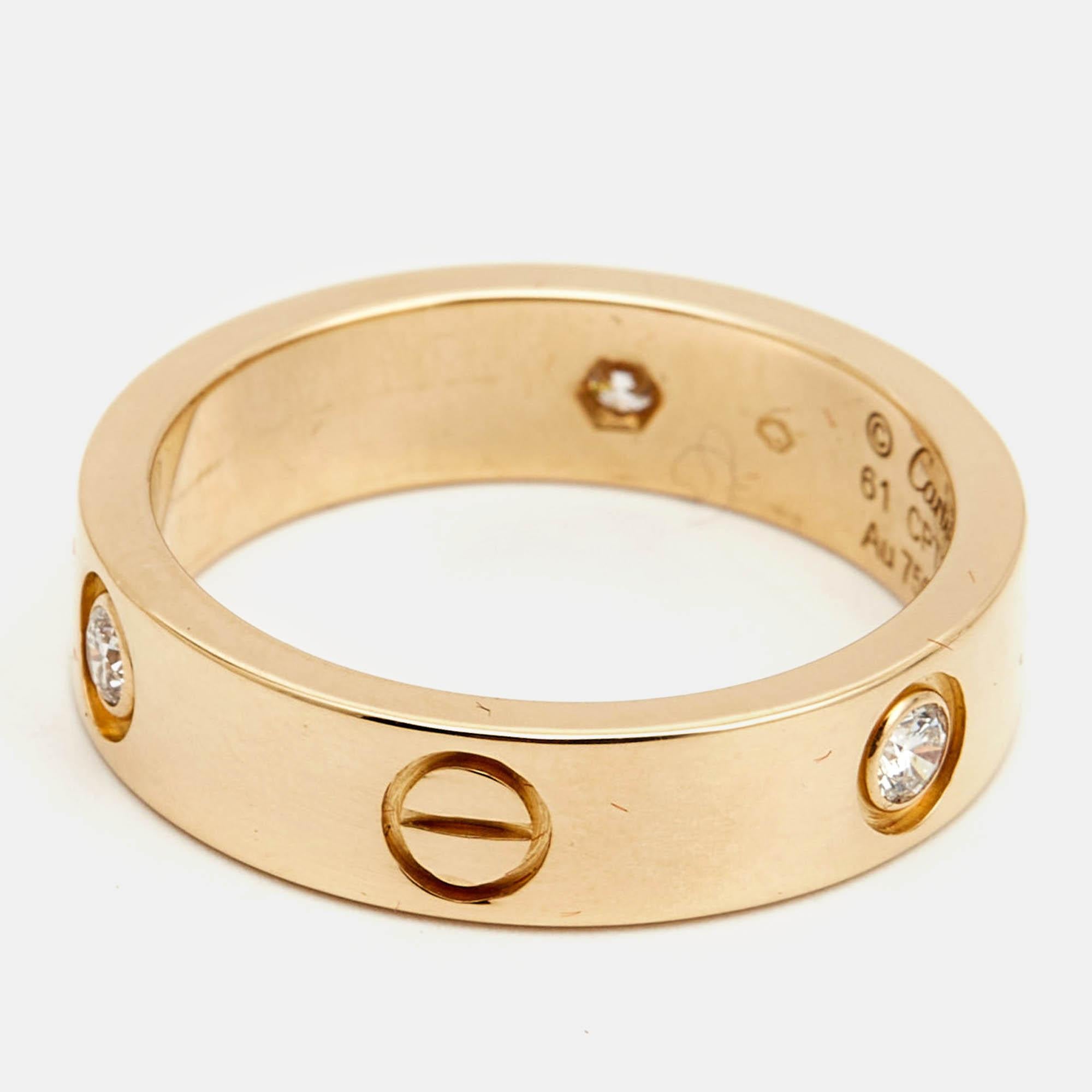 Cartier Love 3 Diamonds 18k Yellow Gold Ring Size 61 In Good Condition For Sale In Dubai, Al Qouz 2