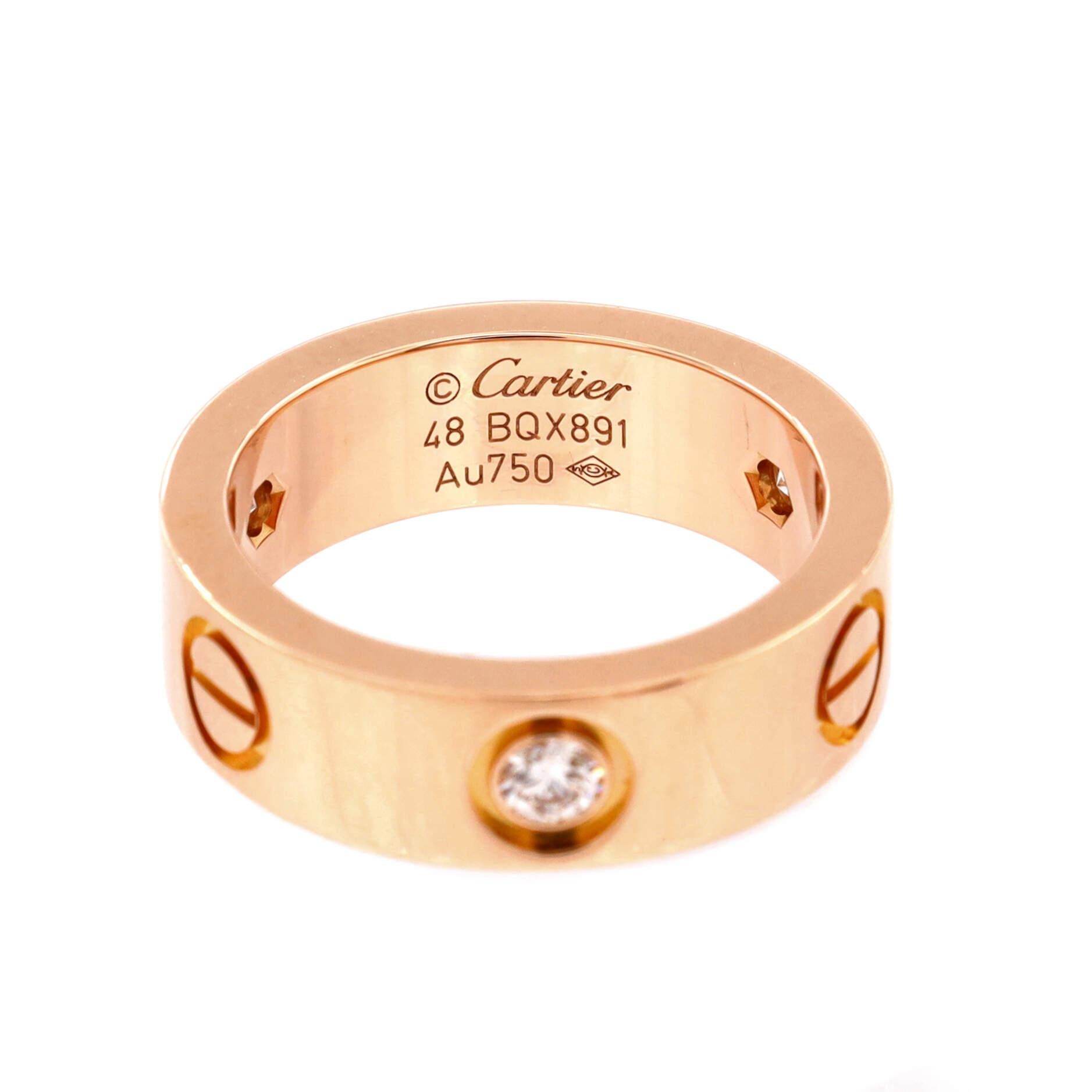 Cartier Love 3 Diamonds Band Ring 18k Rose Gold with Diamonds For Sale