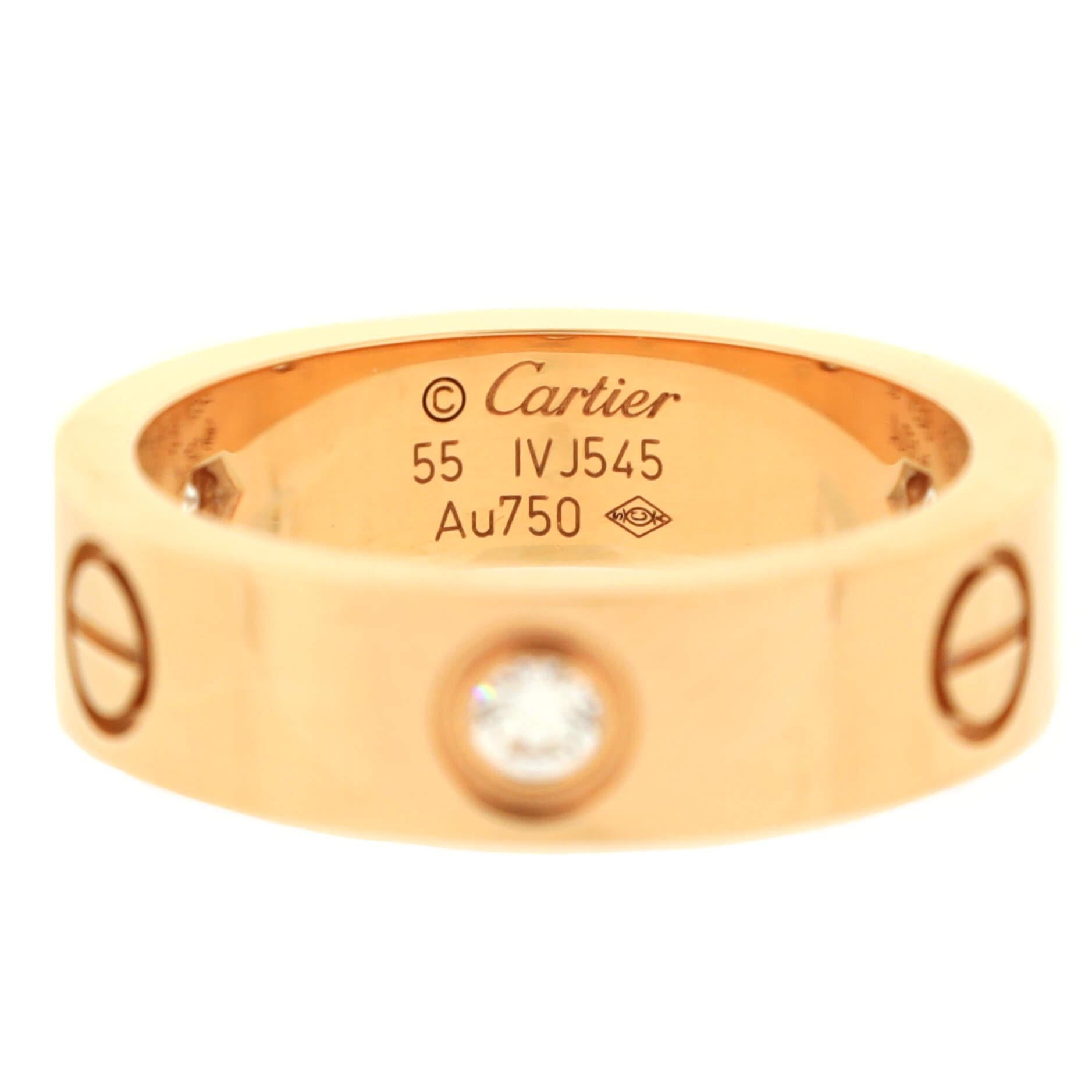 Cartier Love 3 Diamonds Band Ring 18K Rose Gold with Diamonds In Good Condition In New York, NY