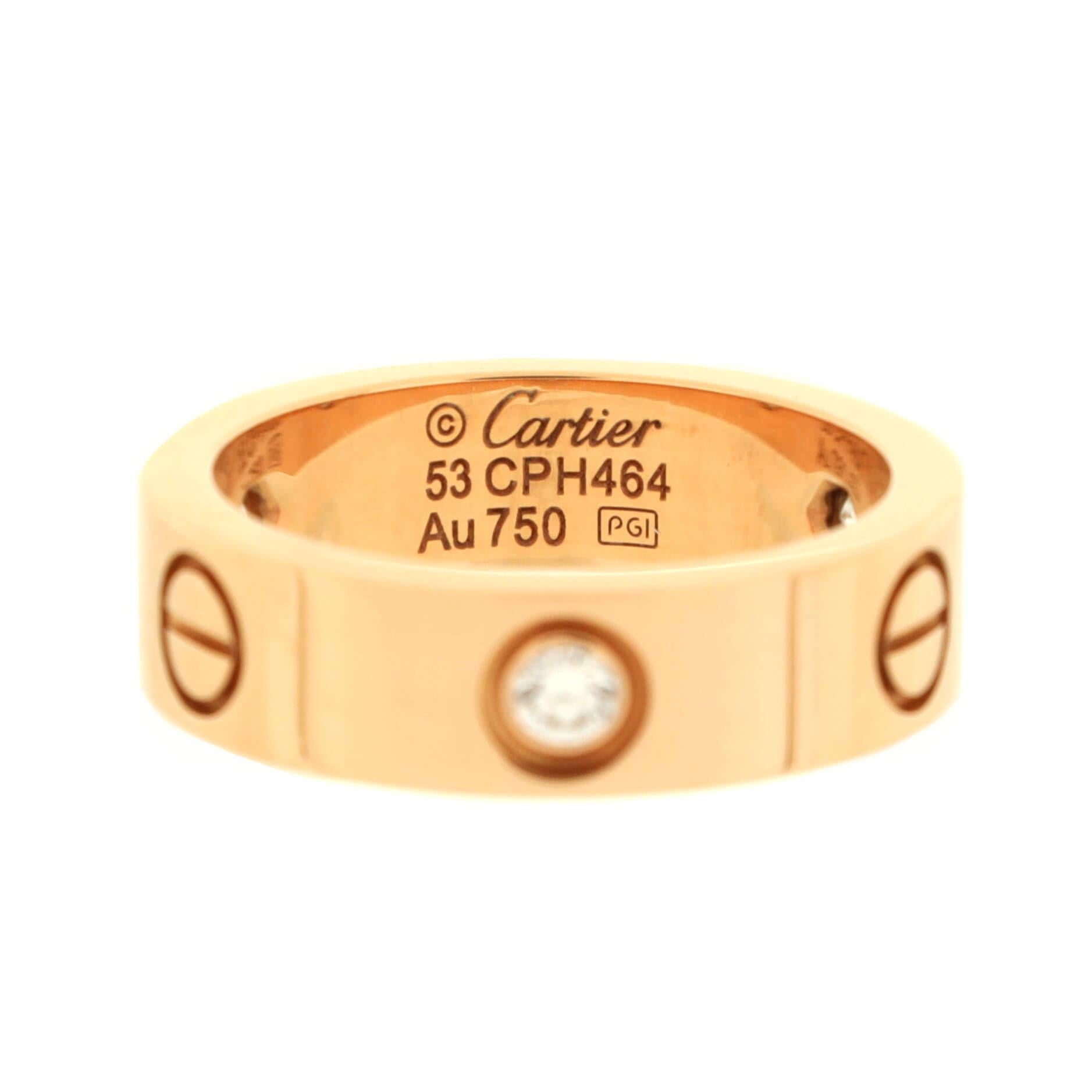 Women's or Men's Cartier Love 3 Diamonds Band Ring 18K Rose Gold with Diamonds