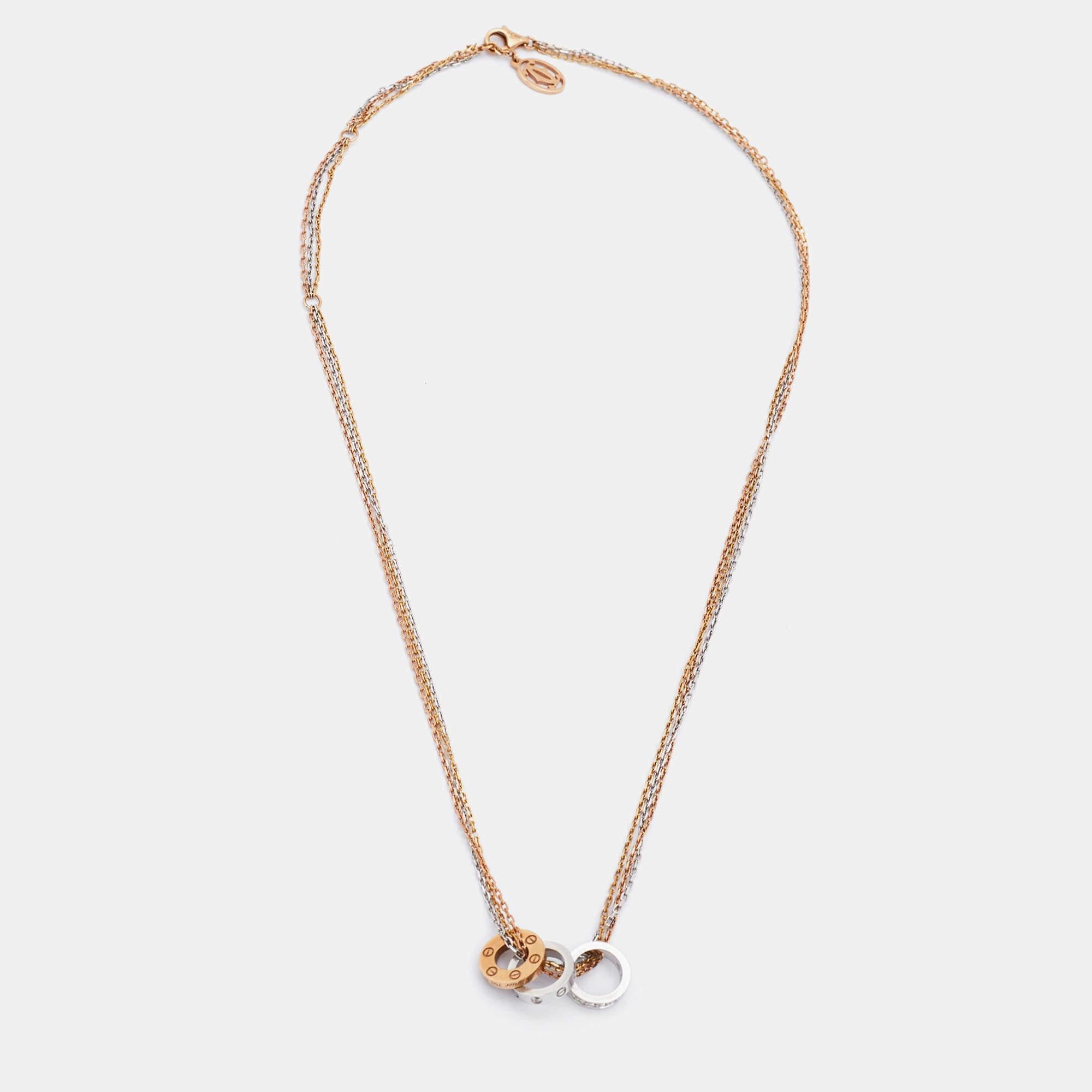 The LOVE collection is an iconic symbol of love. The double chain necklace is designed with iconic screw motifs which are in a disc shape. The piece is elegant and a timeless tribute to romance. Studded with diamonds, the Love necklace is crafted in