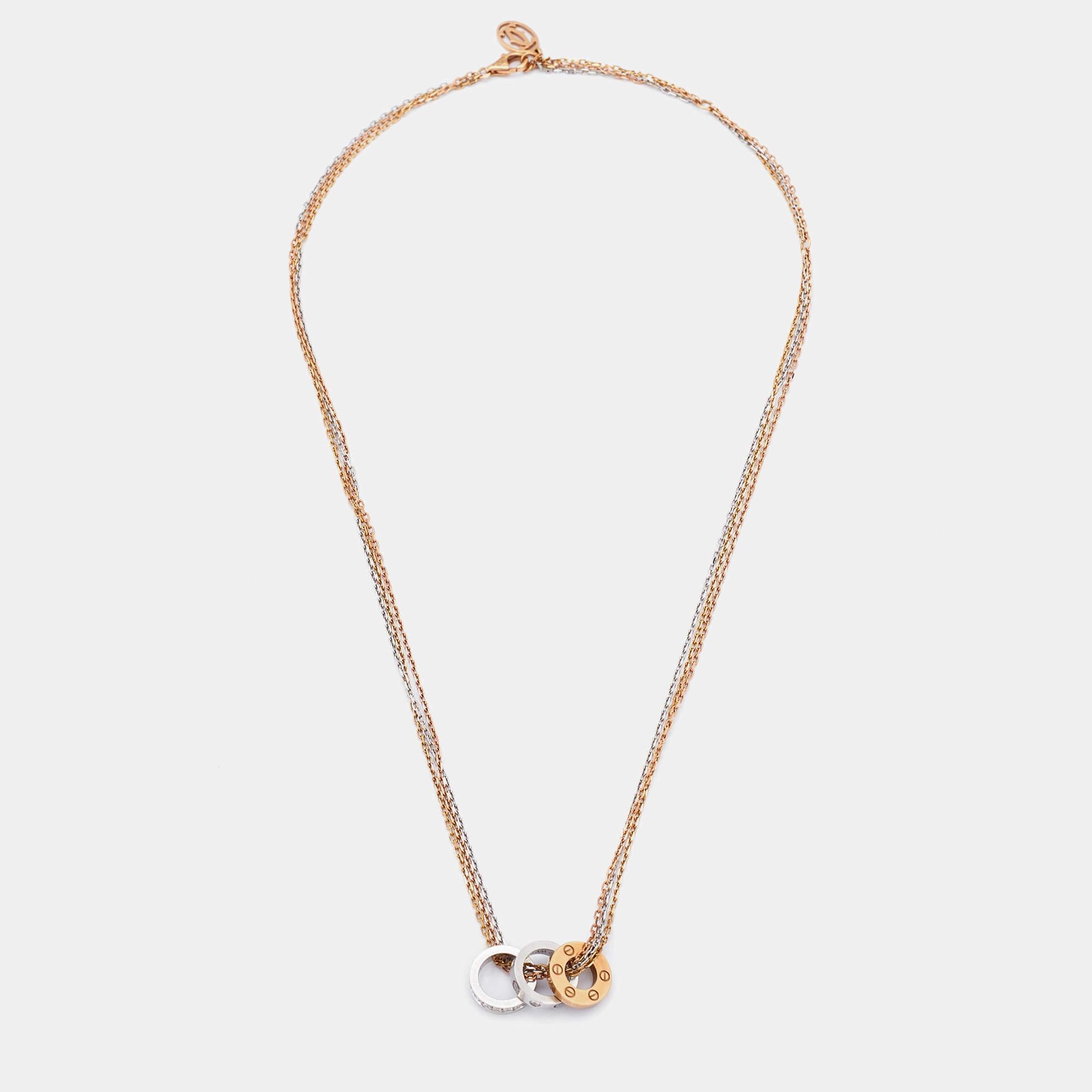 Contemporary Cartier Love 3 Hoops Diamonds 18k Three Tone Gold Chain Necklace