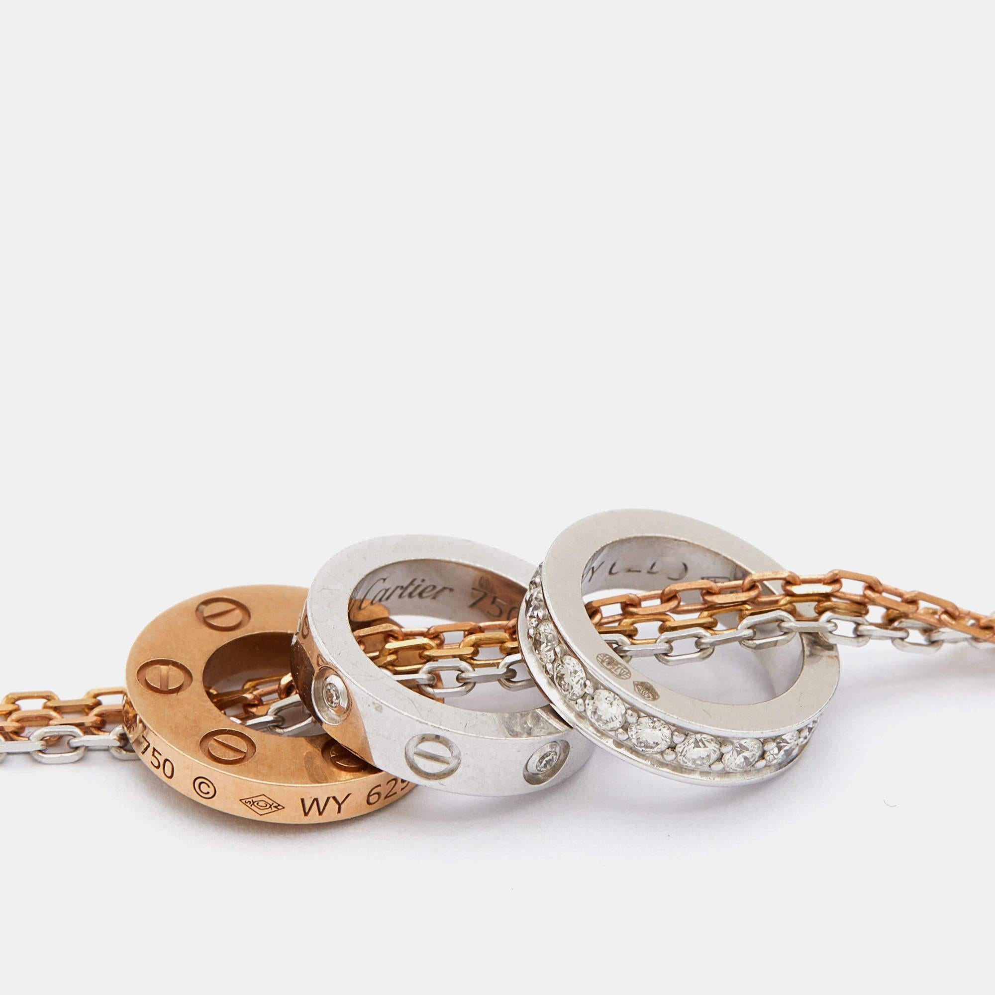 Women's Cartier Love 3 Hoops Diamonds 18k Three Tone Gold Chain Necklace