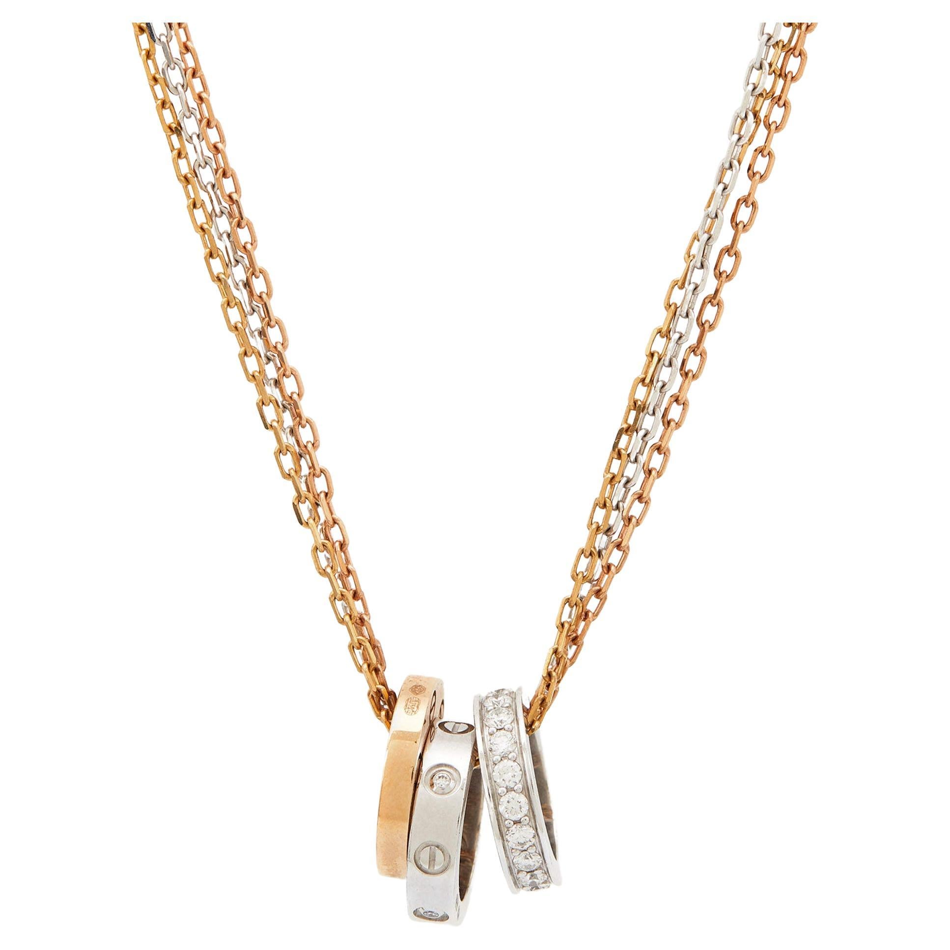 Cartier Love 3 Hoops Diamonds 18k Three Tone Gold Chain Necklace
