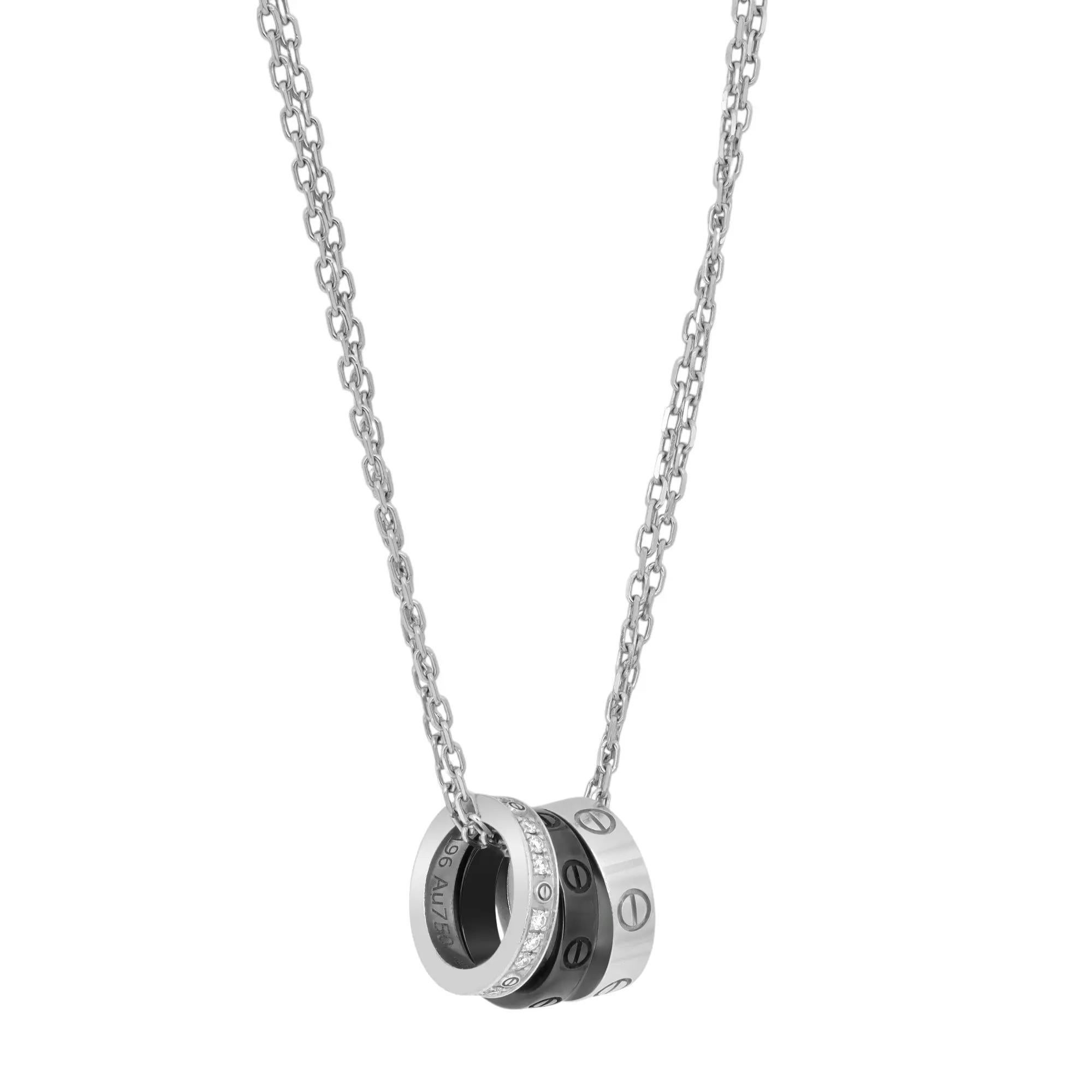 Moderno Cartier Love 3 Anelli Collana Diamante e Ceramica Oro Bianco 18K in vendita