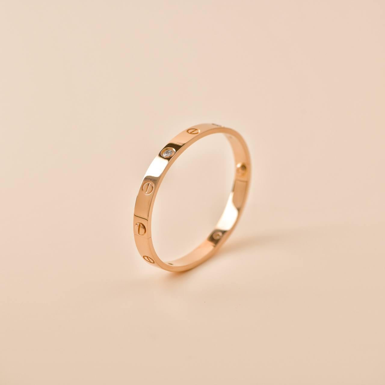 Brilliant Cut Cartier Love 4 Diamond 18K Rose Gold Bracelet Size 16