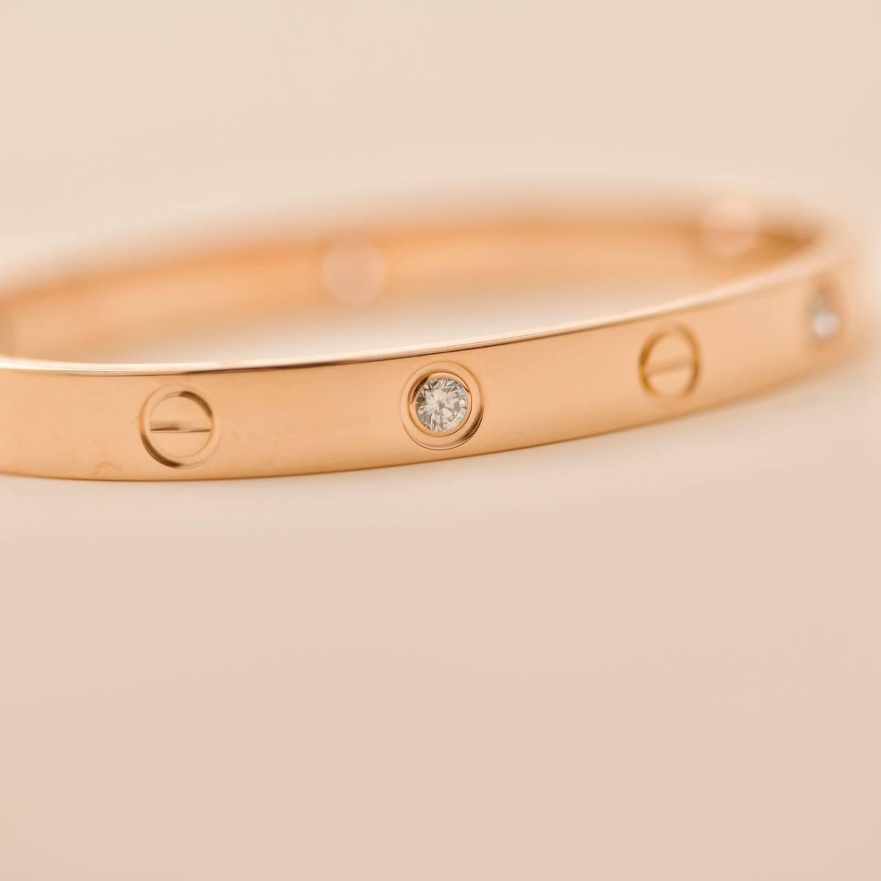 Cartier Love 4 Diamond 18K Rose Gold Bracelet Size 16 In Excellent Condition In Banbury, GB