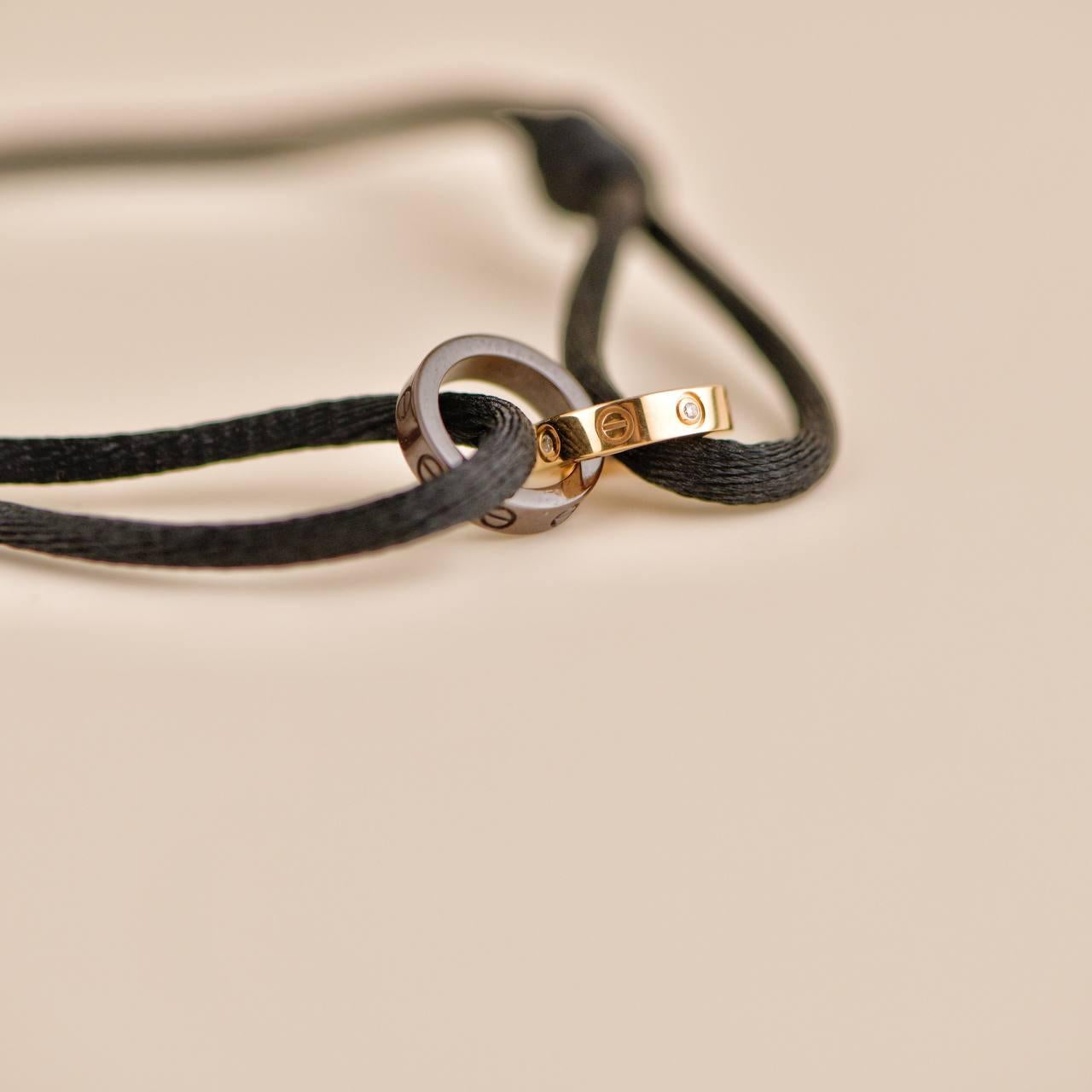 Women's or Men's Cartier Love 4 Diamond 18K Rose Gold Sevres Porcelain Black Cord Bracelet