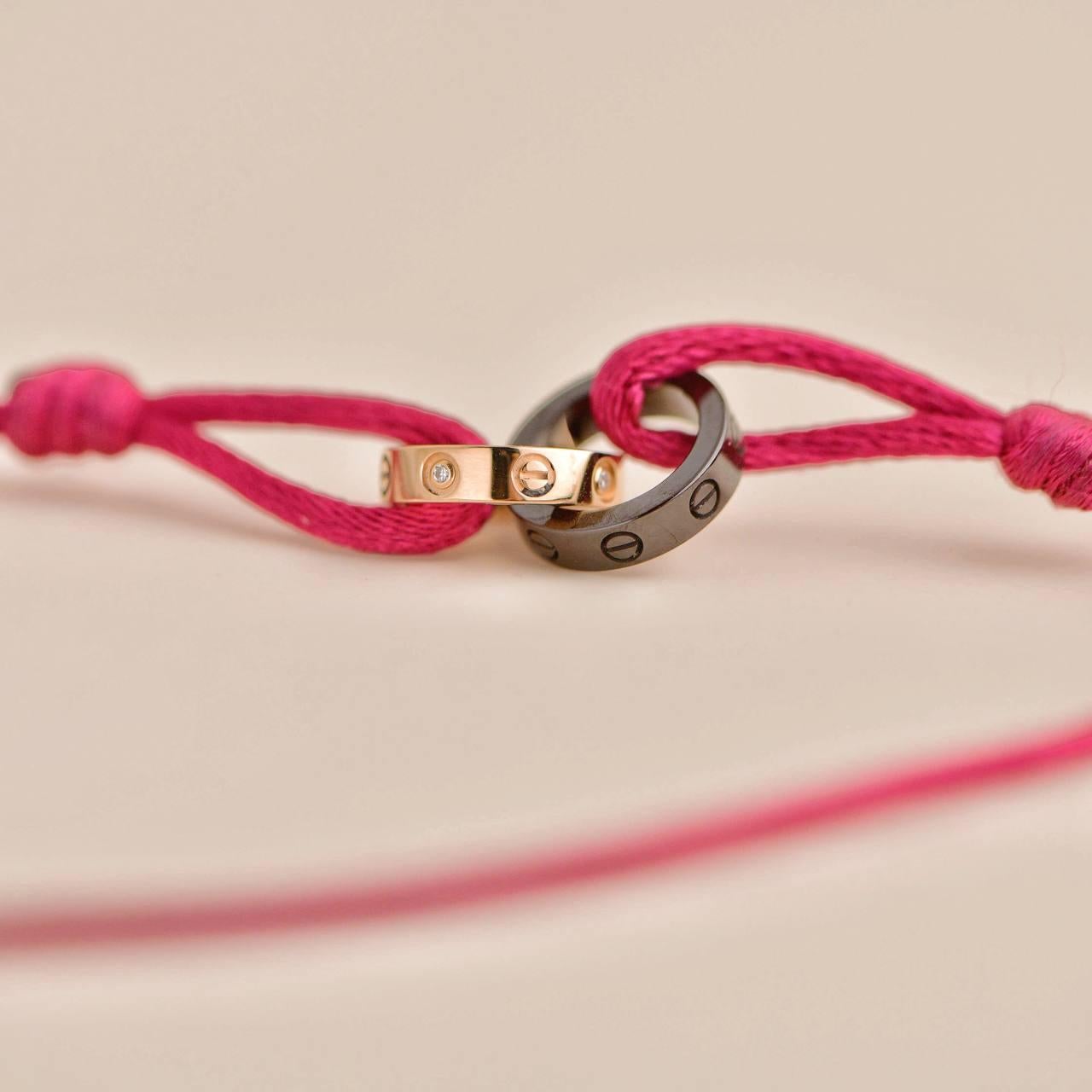 Brilliant Cut Cartier Love 4 Diamond 18K Rose Gold Sevres Porcelain Pink Silk Cord Bracelet