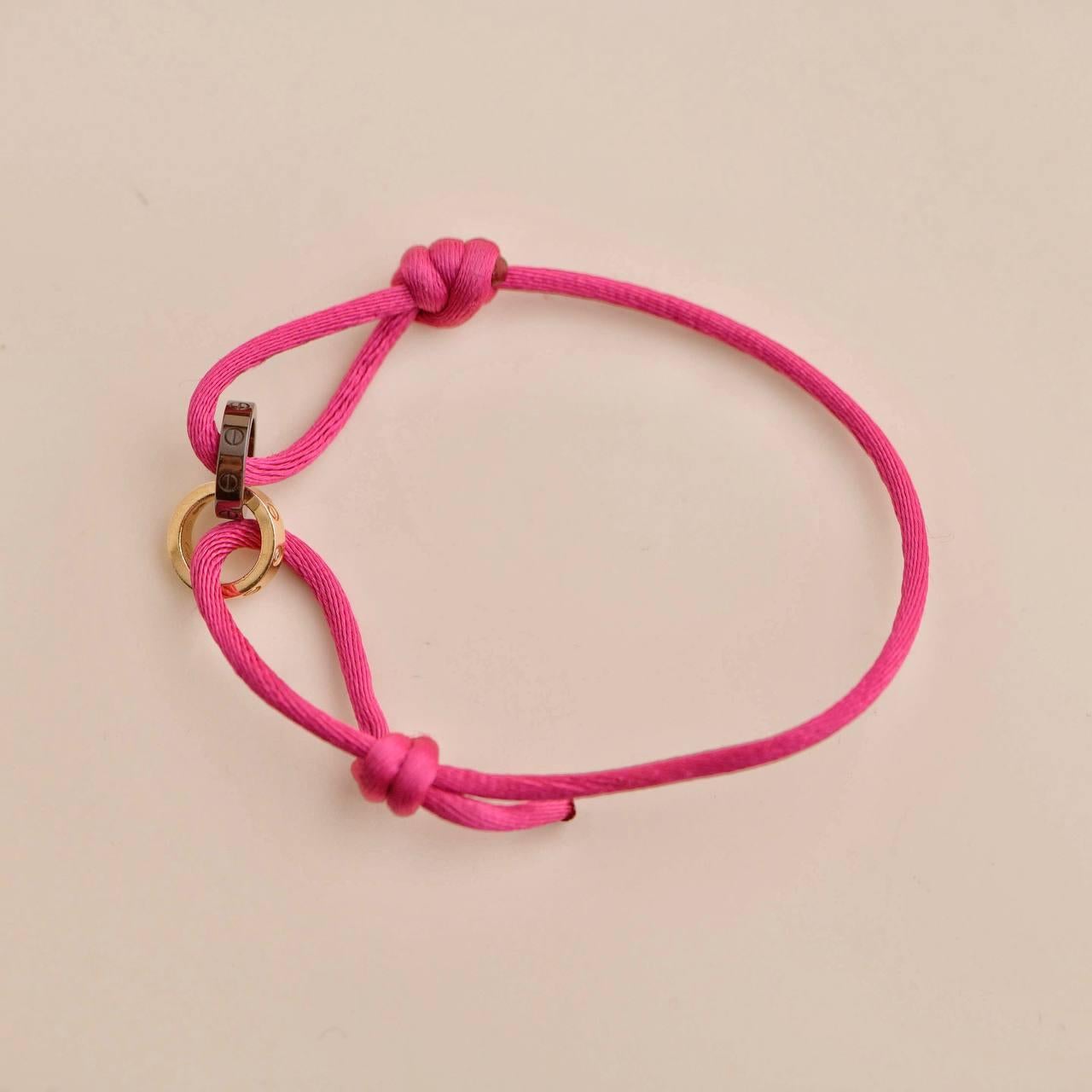 Brilliant Cut Cartier Love 4 Diamond 18K Rose Gold Sevres Porcelain Pink Silk Cord Bracelet