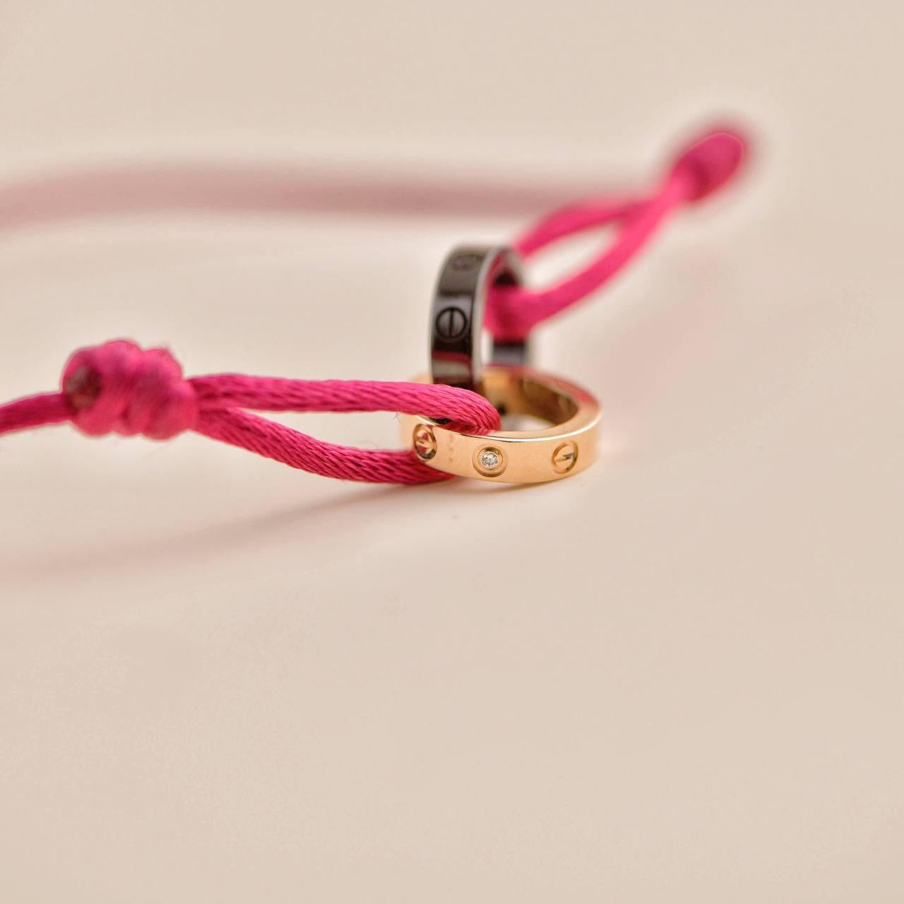 Cartier Love 4 Diamond 18K Rose Gold Sevres Porcelain Pink Silk Cord Bracelet In Excellent Condition In Banbury, GB