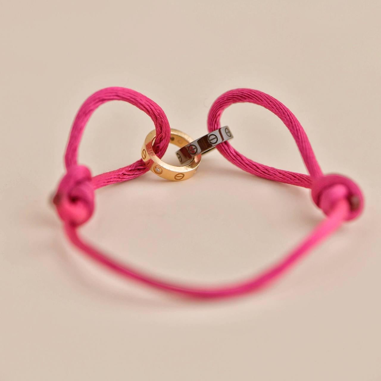 Cartier Love 4 Diamond 18K Rose Gold Sevres Porcelain Pink Silk Cord Bracelet In Excellent Condition In Banbury, GB