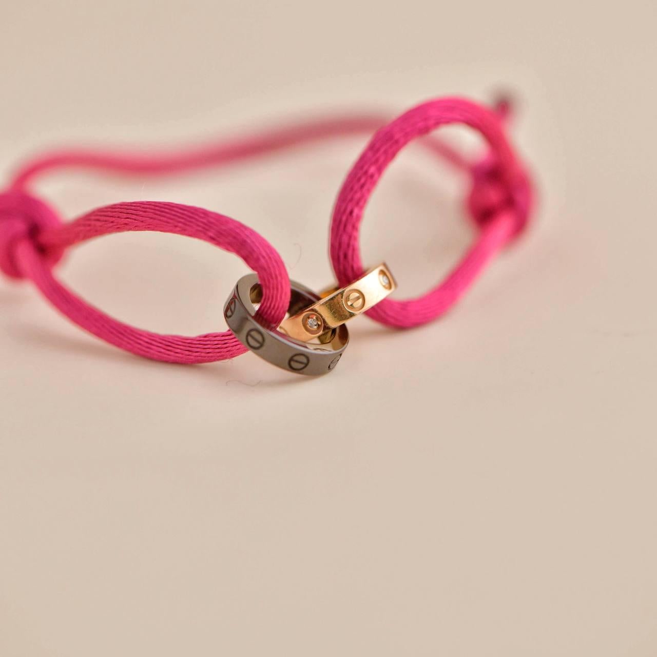 Women's or Men's Cartier Love 4 Diamond 18K Rose Gold Sevres Porcelain Pink Silk Cord Bracelet