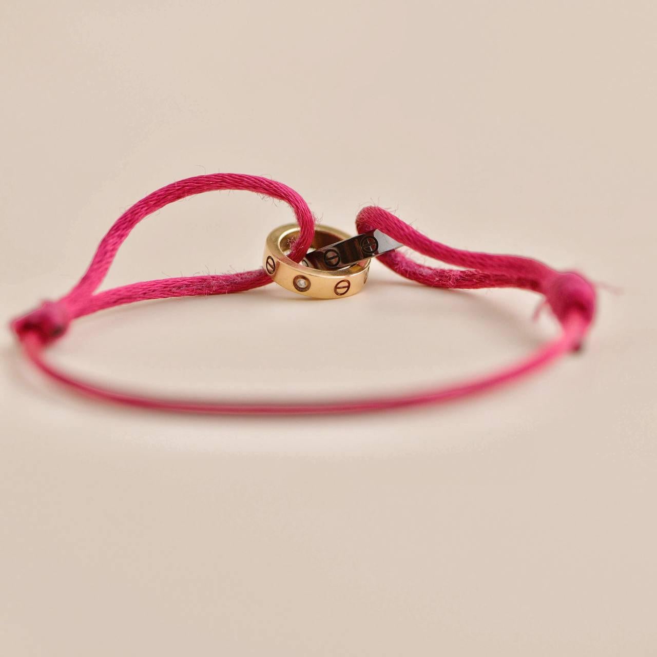 Brilliant Cut Cartier Love 4 Diamond 18K Rose Gold Sevres Porcelain Red Silk Cord Bracelet