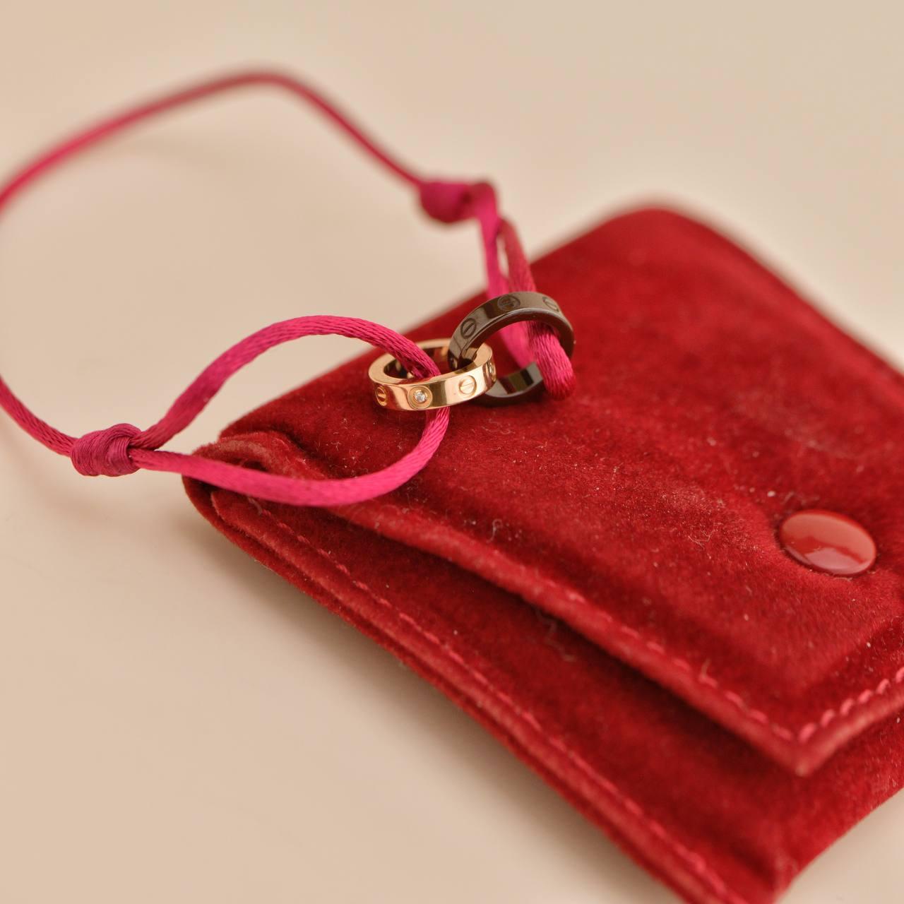 Brilliant Cut Cartier Love 4 Diamond 18K Rose Gold Sevres Porcelain Red Silk Cord Bracelet For Sale