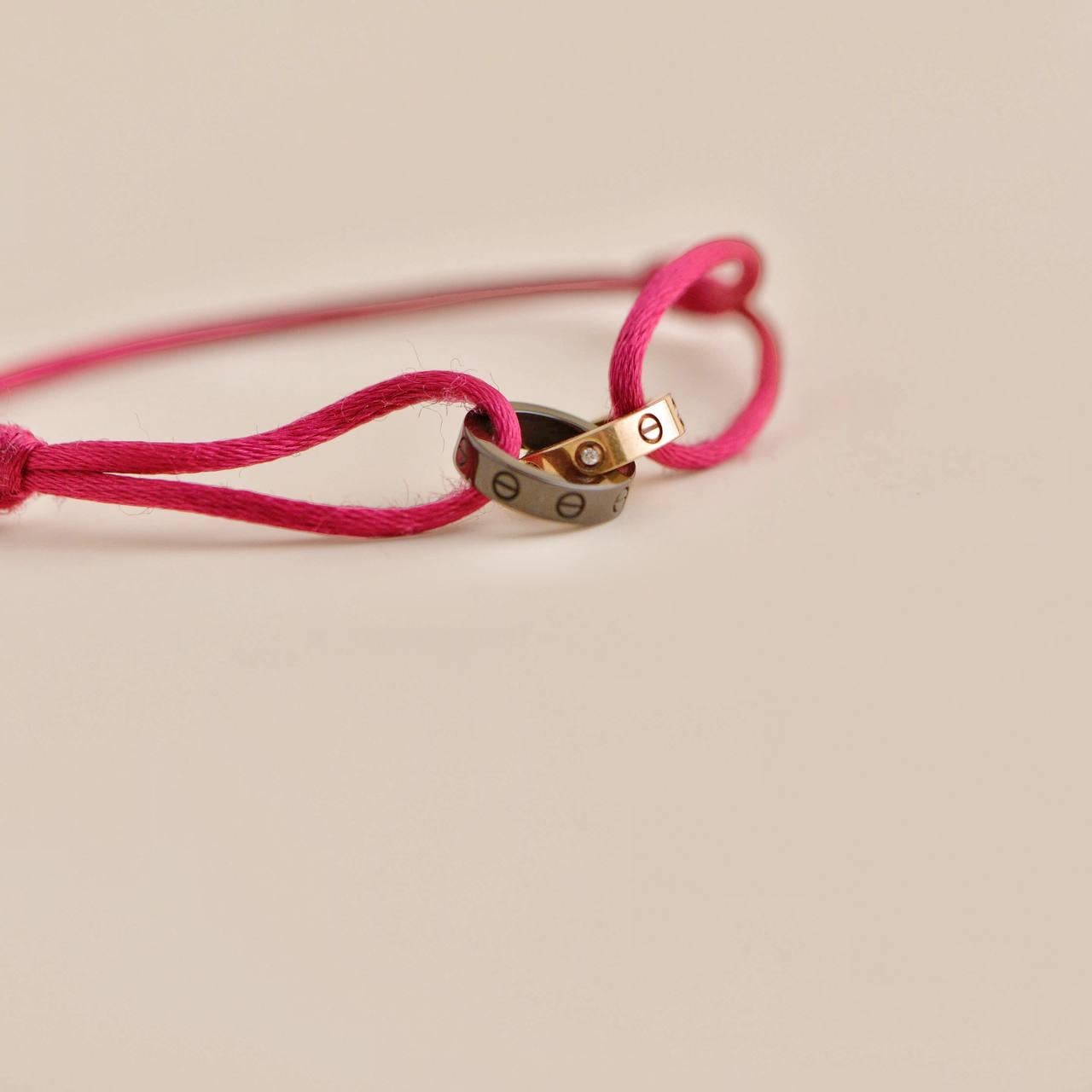 Cartier Love 4 Diamond 18K Rose Gold Sevres Porcelain Red Silk Cord Bracelet In Excellent Condition In Banbury, GB