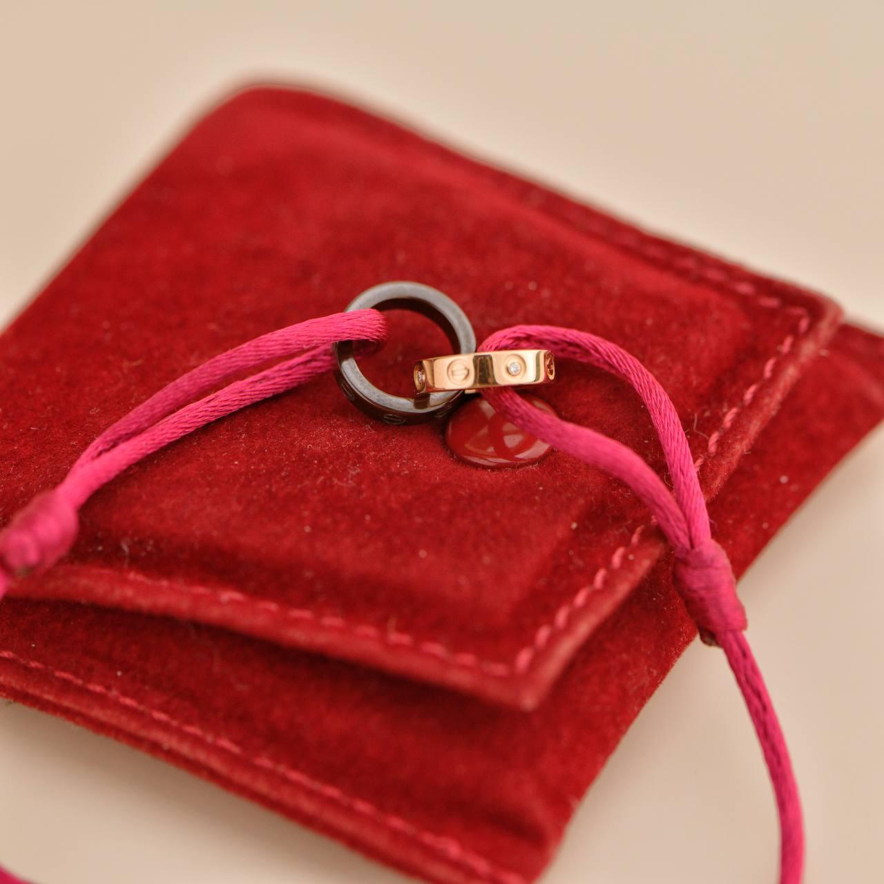 Cartier Love 4 Diamond 18K Rose Gold Sevres Porcelain Red Silk Cord Bracelet In Excellent Condition For Sale In Banbury, GB