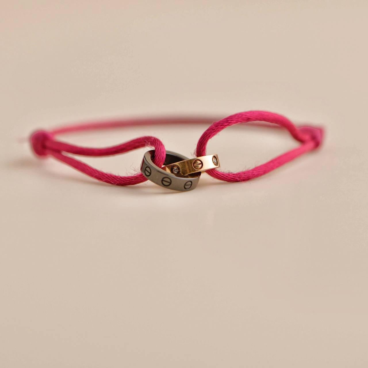 Women's or Men's Cartier Love 4 Diamond 18K Rose Gold Sevres Porcelain Red Silk Cord Bracelet