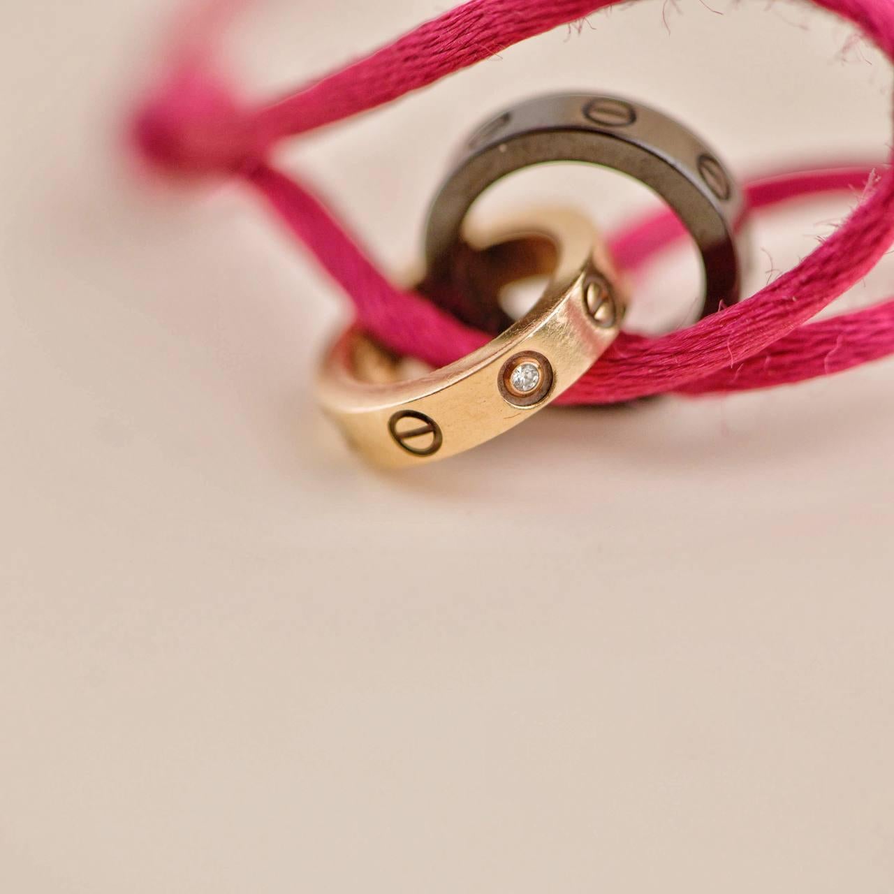 Cartier Love 4 Diamond 18K Rose Gold Sevres Porcelain Red Silk Cord Bracelet 1