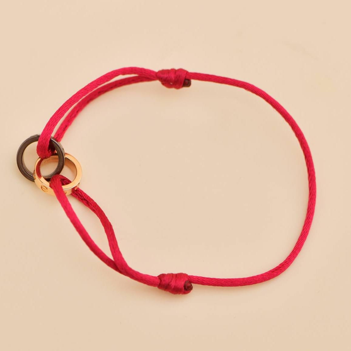 Cartier Love 4 Diamond 18K Rose Gold Sevres Porcelain Red Silk Cord Bracelet For Sale 2