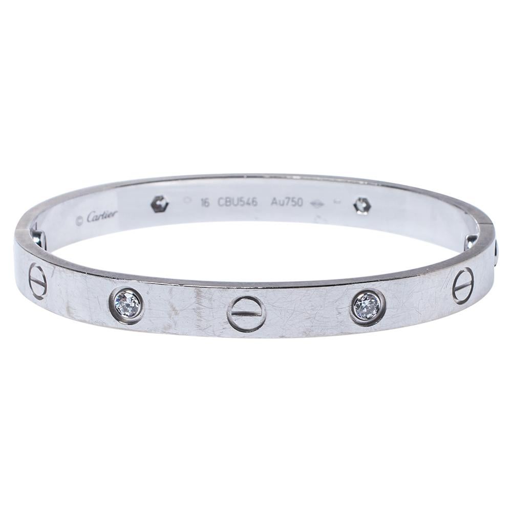 We fell in love with this Cartier Love bracelet at first glance. Look at its gorgeous yet subtle accents and picture how it will beautifully sit on your wrist and charm your peers. The creation is crafted from 18K white gold and neatly detailed with