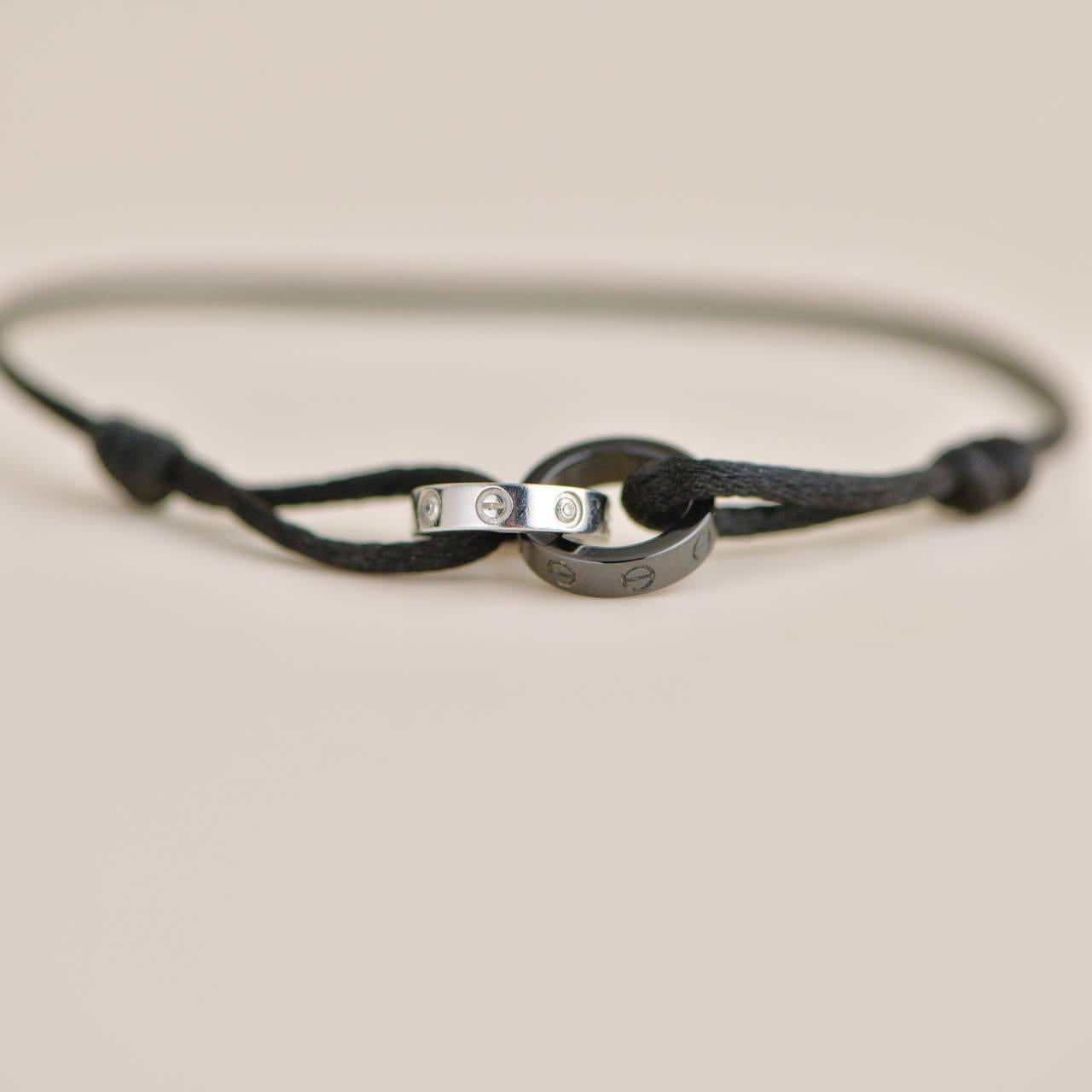 Women's or Men's Cartier Love 4 Diamond 18K White Gold Sevres Porcelain Black Cord Bracelet