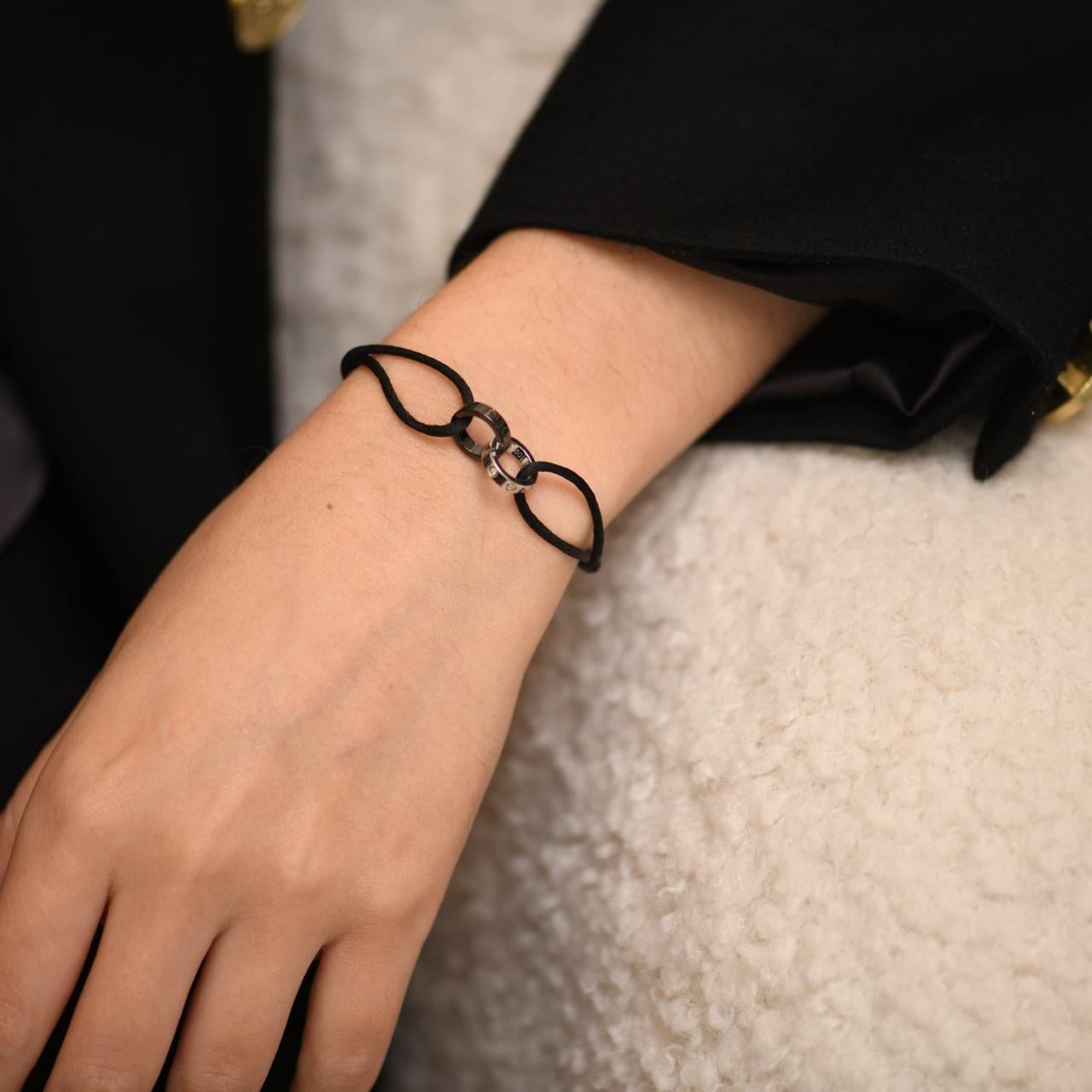 Brilliant Cut Cartier Love 4 Diamond 18K White Gold Sevres Porcelain Black Cord Bracelet