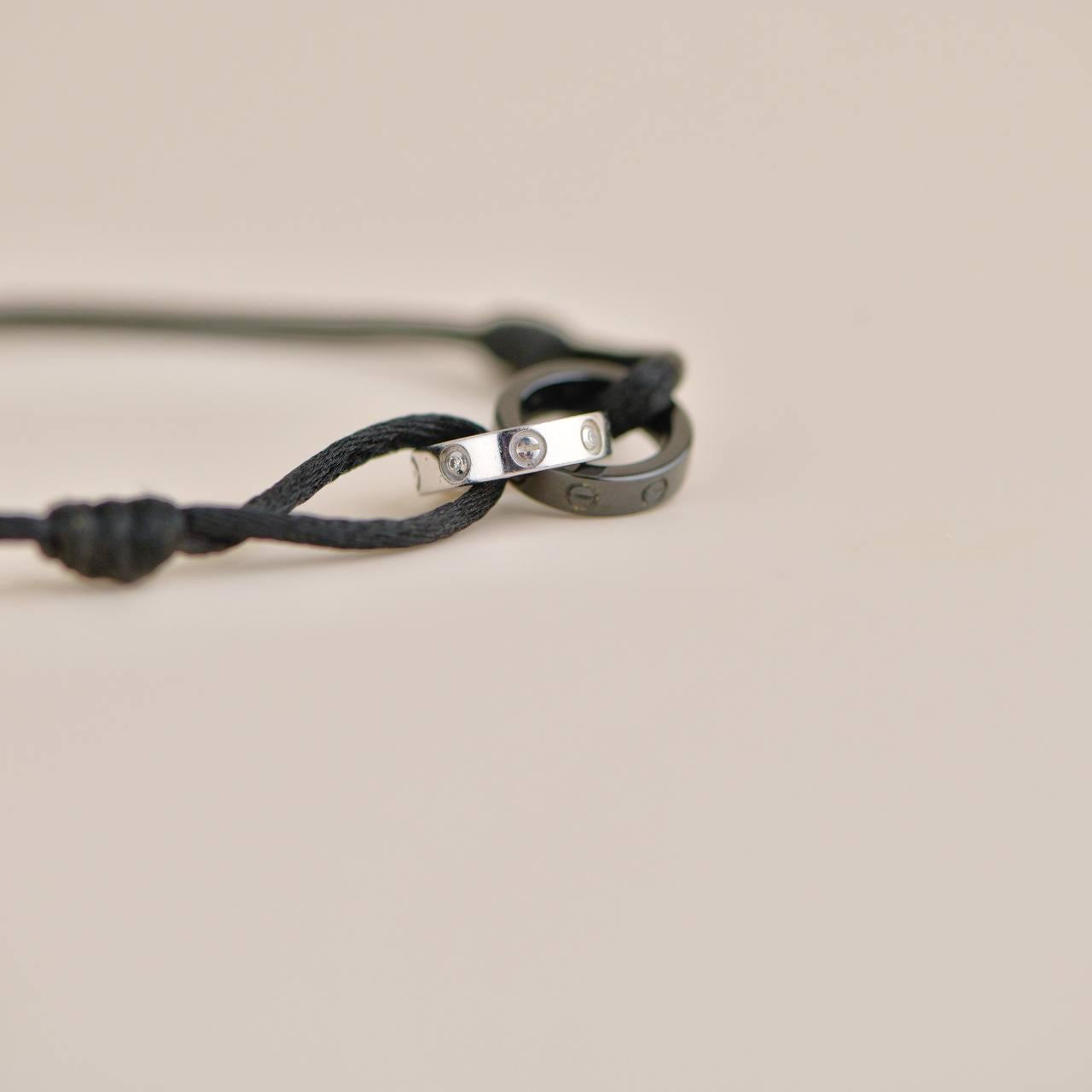 Cartier Love 4 Diamond 18K White Gold Sevres Porcelain Black Cord Bracelet 2