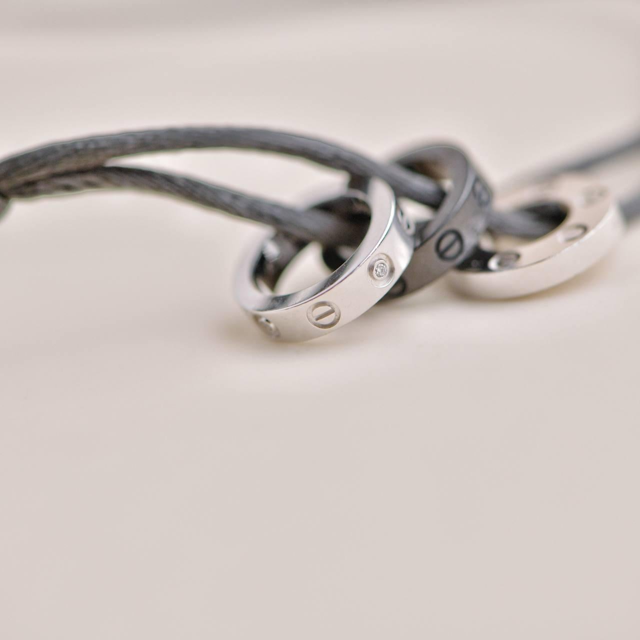 Brilliant Cut Cartier Love 4 Diamond 18K White Gold Sevres Porcelain Black Silk Cord Bracelet