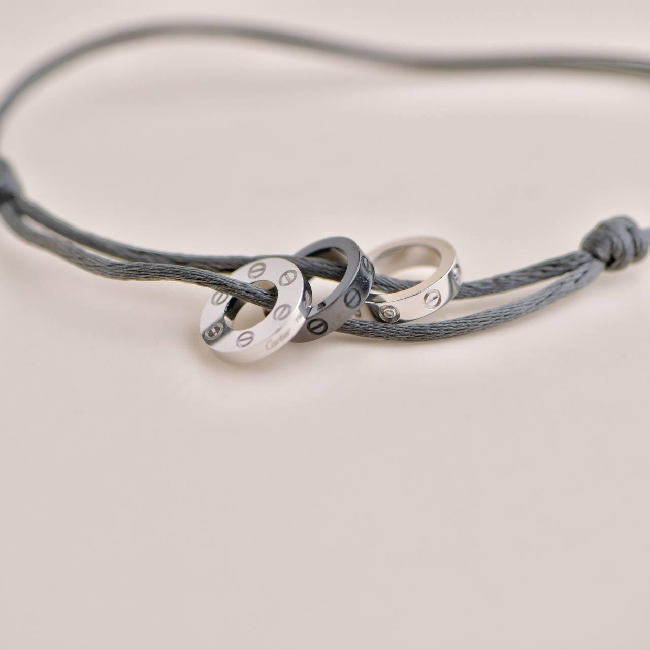 Women's or Men's Cartier Love 4 Diamond 18K White Gold Sevres Porcelain Black Silk Cord Bracelet