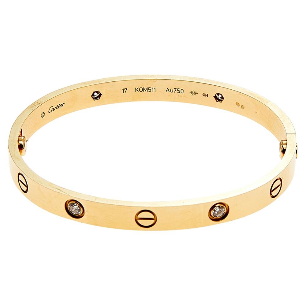 Each piece from the LOVE collection by Cartier is a homage to the feeling of love. The 18k yellow gold bracelet is designed with the iconic screw motifs that are unique to the brand and it shimmers with the lovely embedded 4 brilliant-cut diamonds.