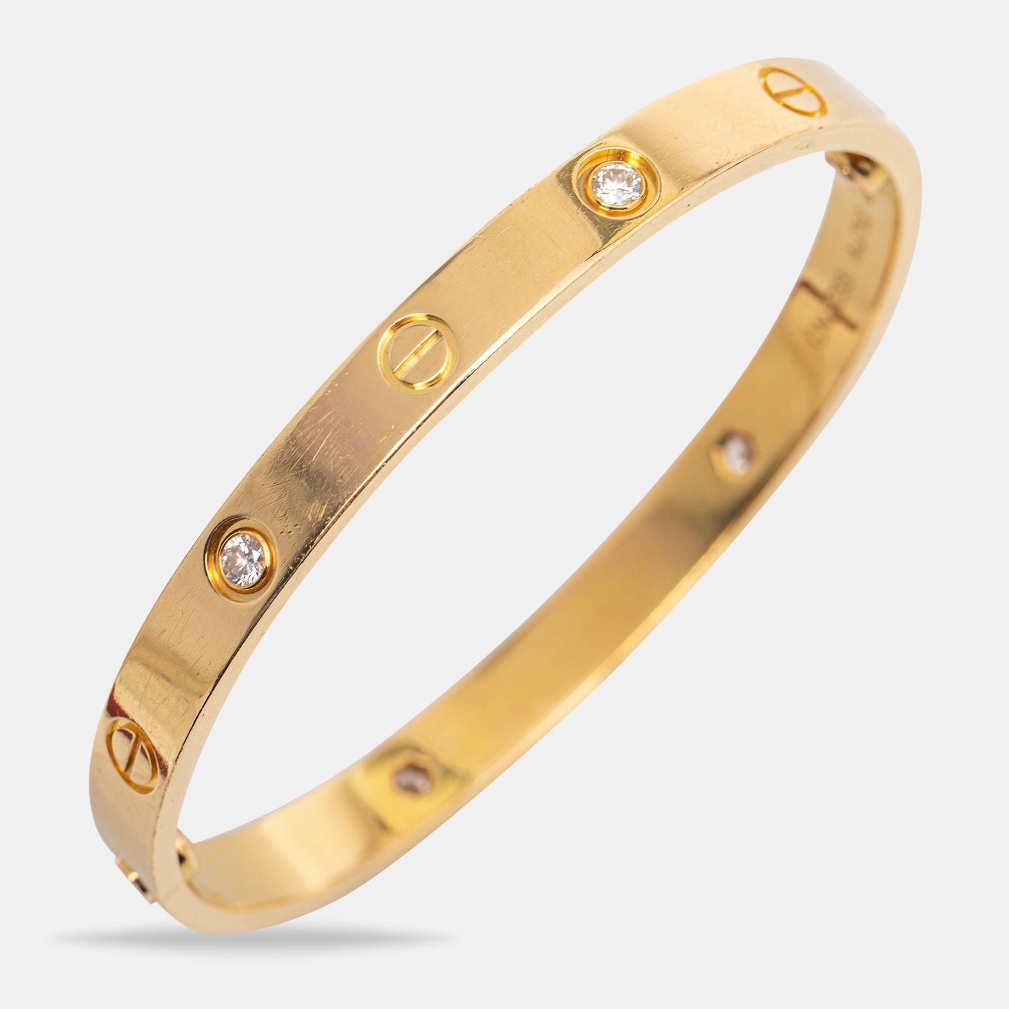 Cartier Love 4 Diamond 18k Yellow Gold Bracelet 17 In Good Condition In Dubai, Al Qouz 2