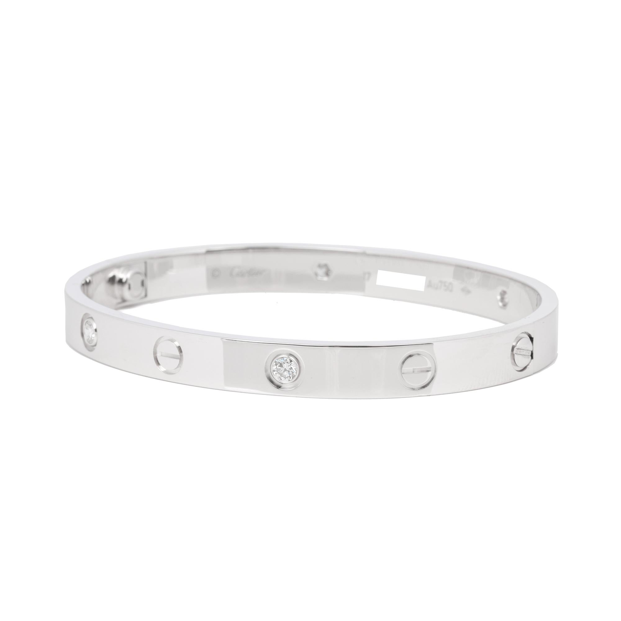 Cartier 4 Diamond 18ct White Gold Love Bangle

Brand- Cartier
Model- 4 Diamond Love Bangle
Product Type- Bracelet
Serial Number- CA****
Accompanied By- Cartier Pouch, Service Papers, Screwdriver
Material(s)- 18ct White Gold
Gemstone-